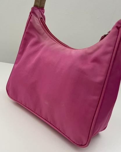 Prada 00s Vela Nylon Plaque Logo Pink Mini Hobo Bag