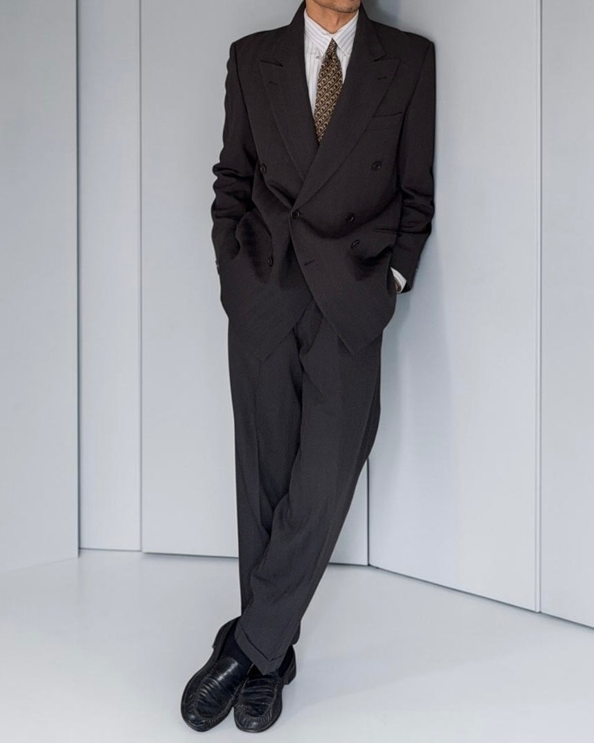 Hugo Boss 1980s 'Omega' Peaked Lapel Double Breasted Pleated Wool Herringbone Suit Grey - Size M Jacket / 32" Waist
