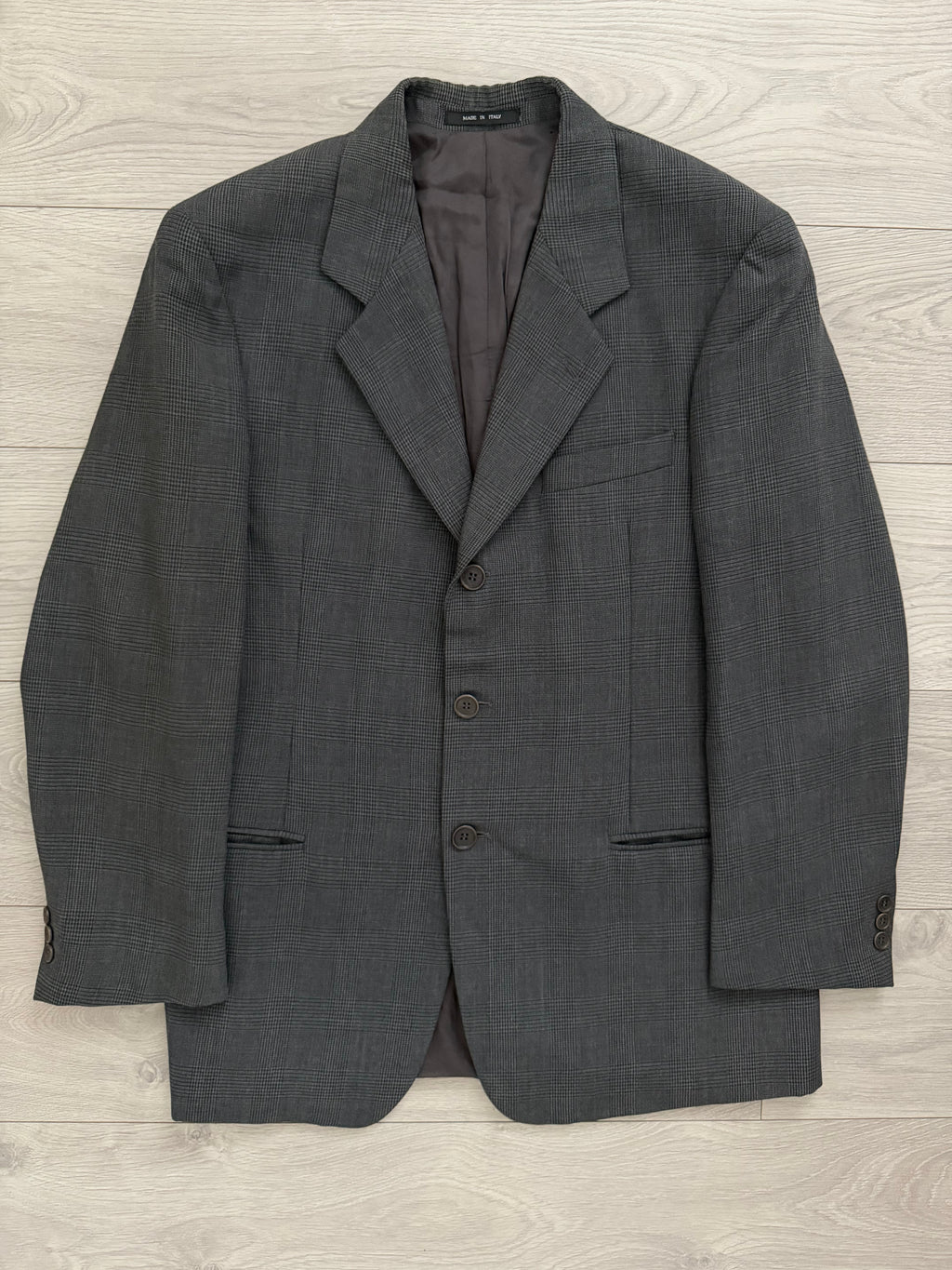 Emporio Armani 1990s 3B Prince of Wales Check Grey Pleated Wool Suit - Size L Jacket / 32" Waist