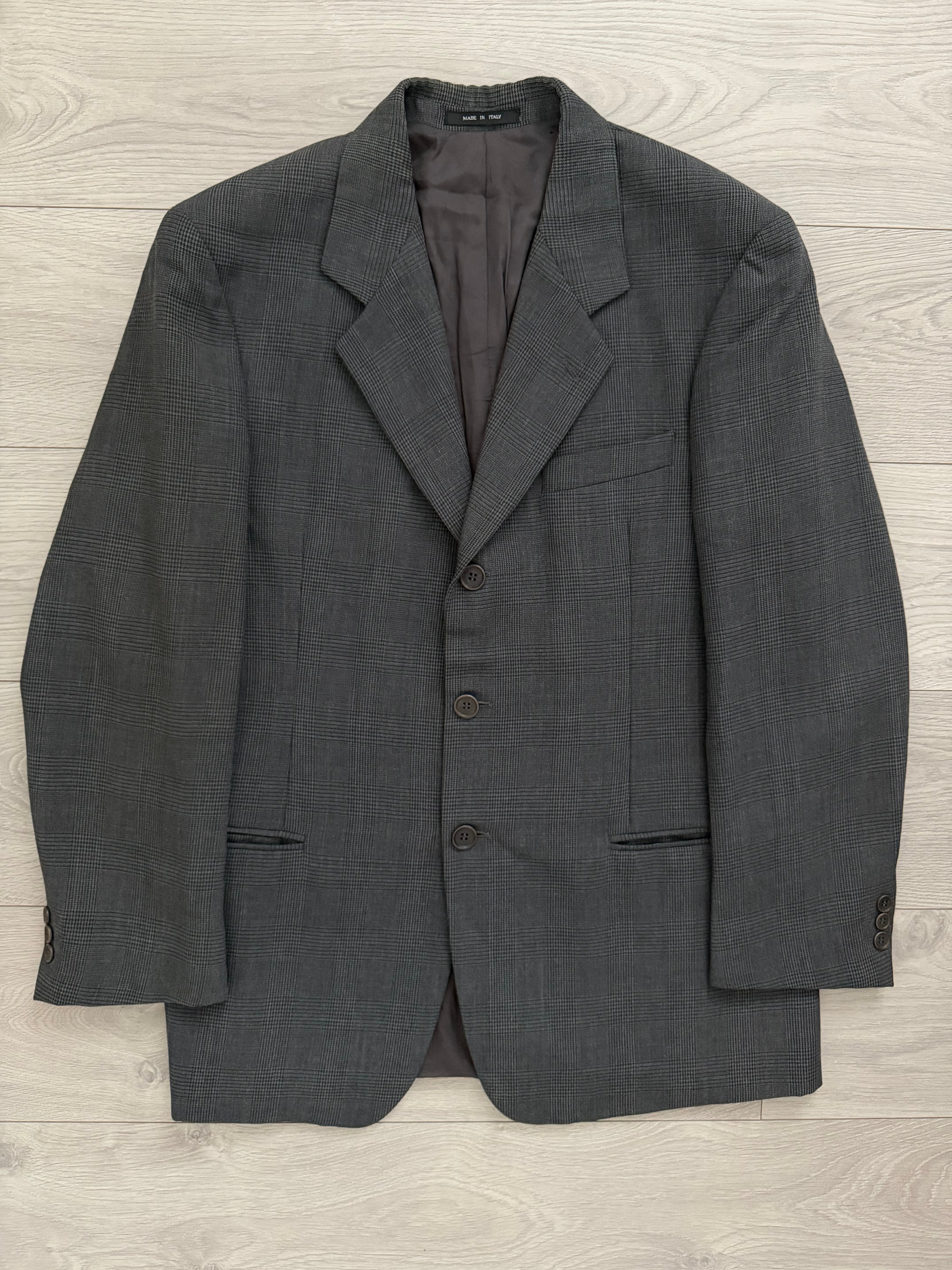 Emporio Armani 1990s 3B Prince of Wales Check Grey Pleated Wool Suit - Size L Jacket / 32" Waist