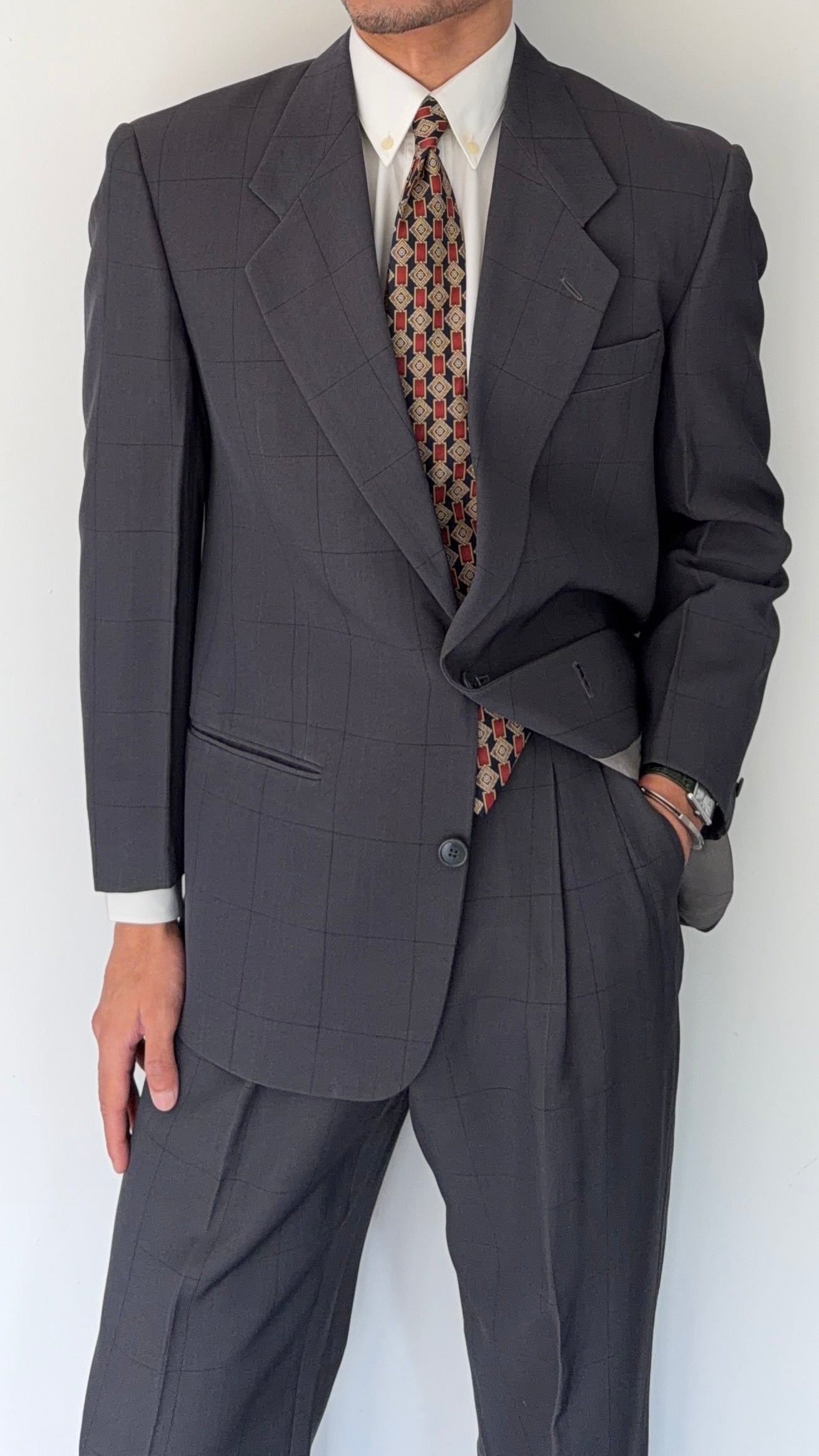 Giorgio Armani Mainline 1980s 2B Double Pleat Draped Grey Suit - Size S Jacket / 29" Waist
