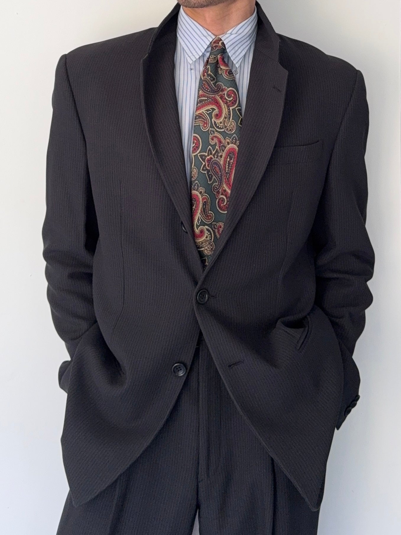Armani 1990s 3B Draped Woven Wool Pleated Suit - Size L Jacket / 34" Waist