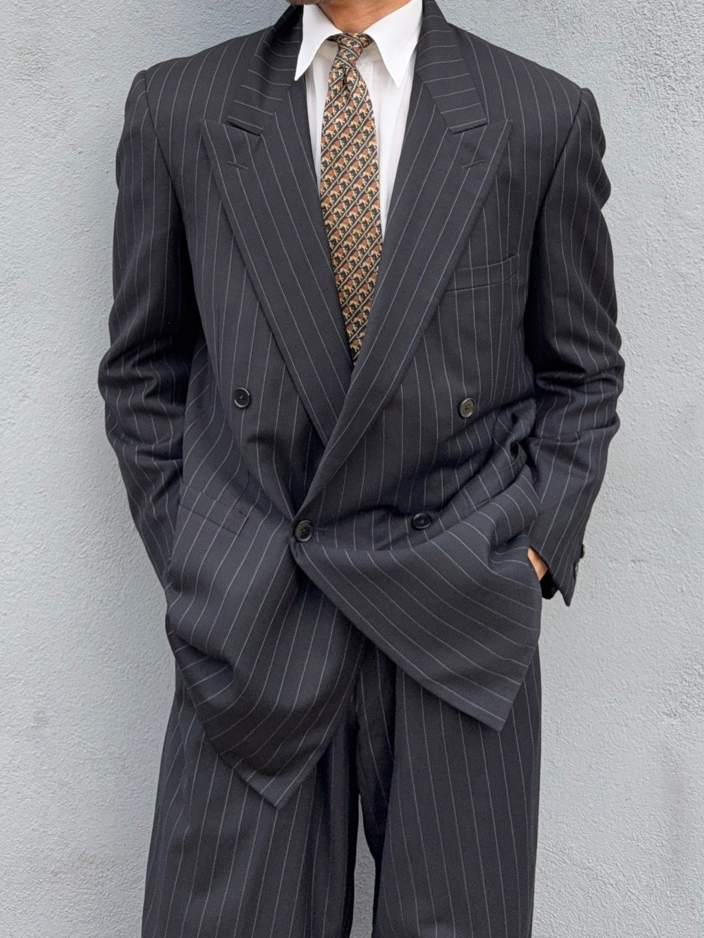 Versace 1980s Peak Lapel Double Breasted Triple Pleated Wool Striped Suit - Size L Jacket / 33" Waist