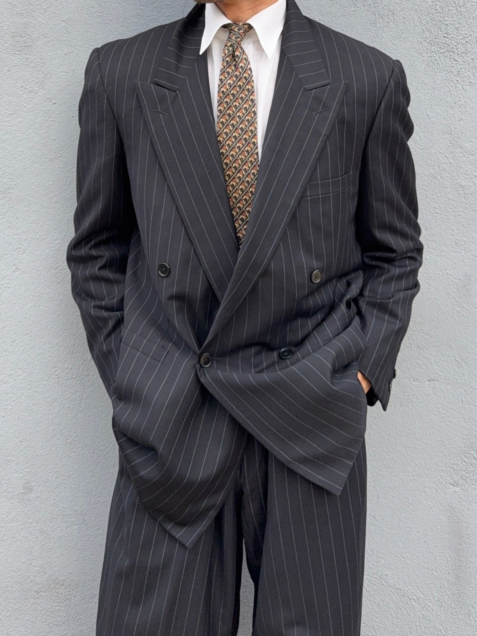 Versace 1980s Peak Lapel Double Breasted Triple Pleated Wool Striped Suit - Size L Jacket / 33" Waist