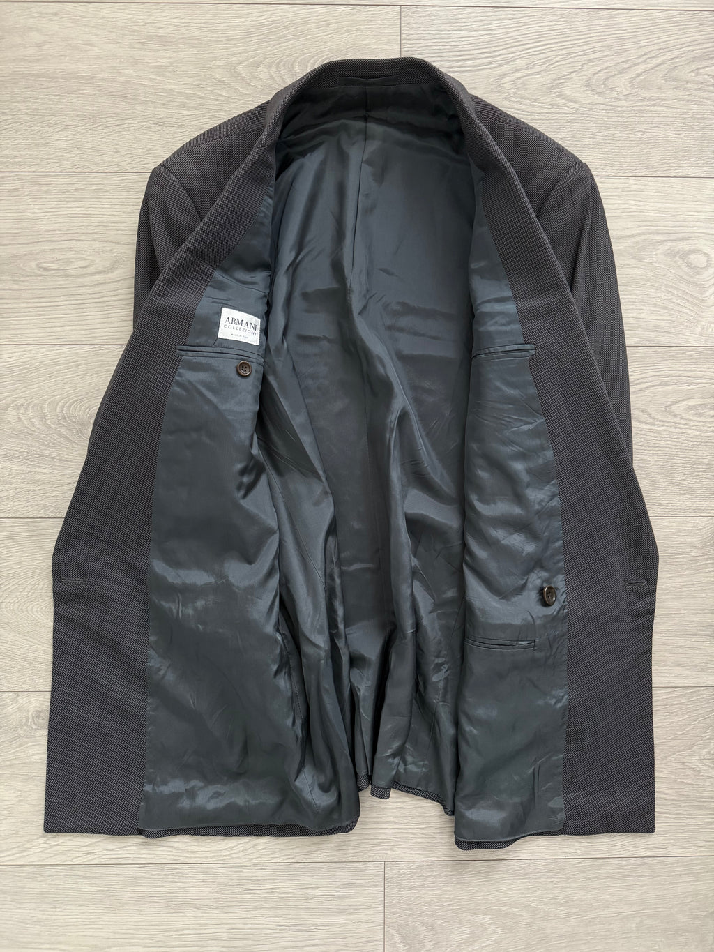 Armani 1990s Peaked Lapel Double Breasted Pleated Wool Grey Suit - Size L Jacket / 34" Waist
