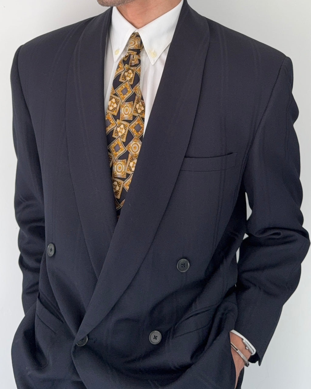 Versace 1980s Shawl Lapel Double Breasted Pleated Wool Striped Suit - Size M Jacket / 30" Waist