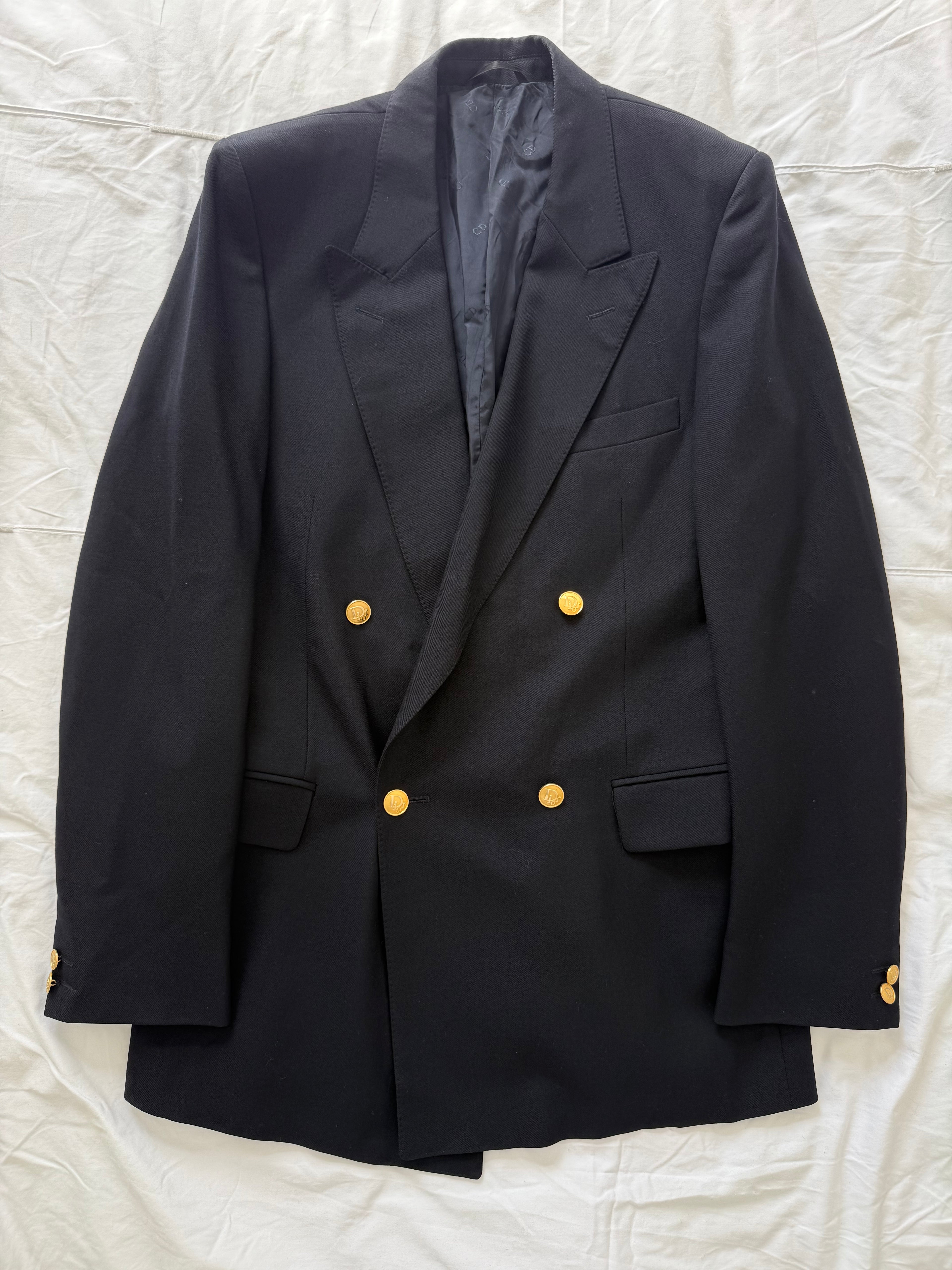 Christian Dior 1980s Metal Button Double Breasted Wool Sport Jacket Blazer Navy Blue - Size M