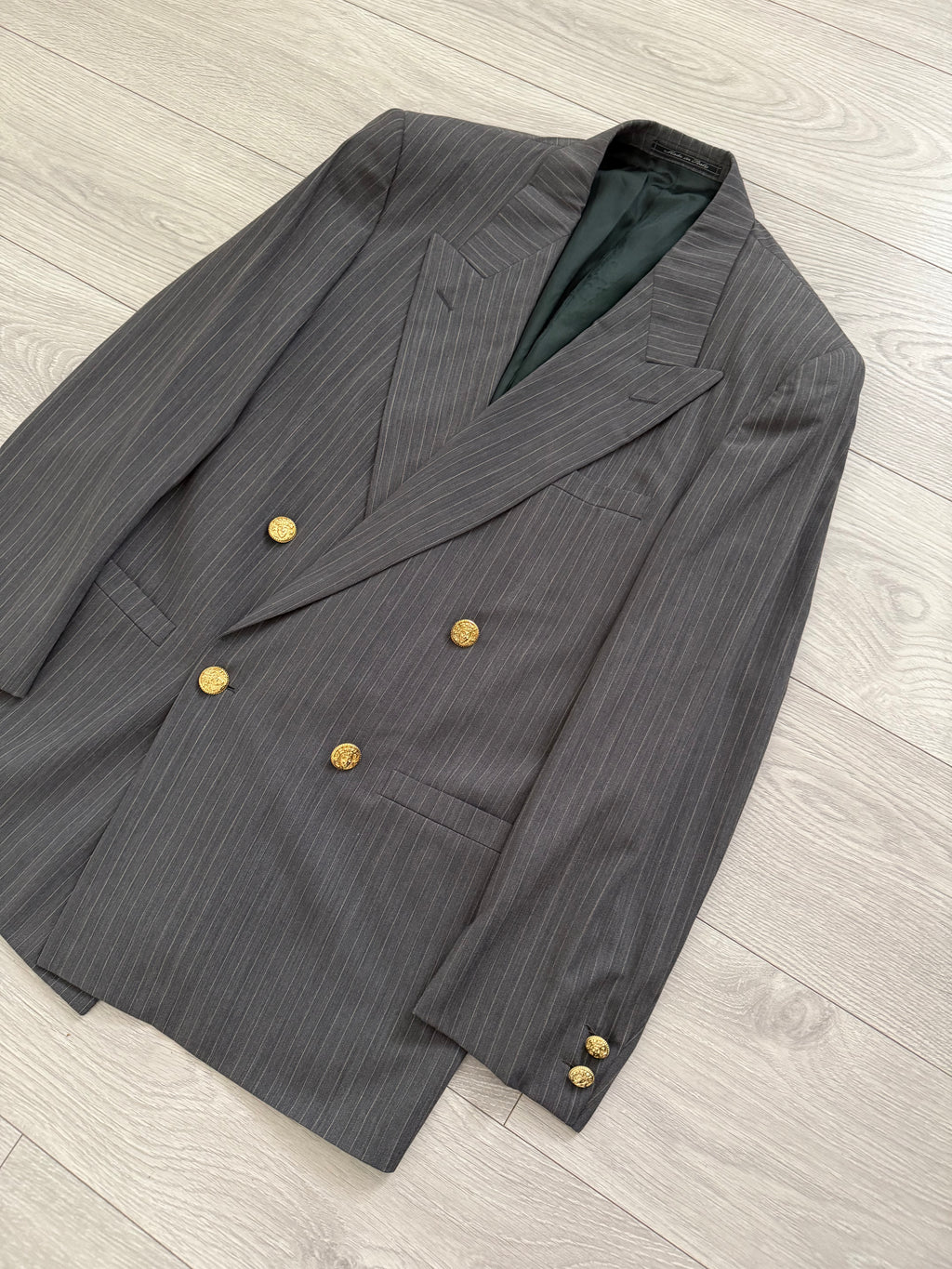 Versace 1980s Peaked Lapel Double Breasted Medusa Metal Button Triple Pleat Striped Wool Suit - Size S Jacket / 30" Waist