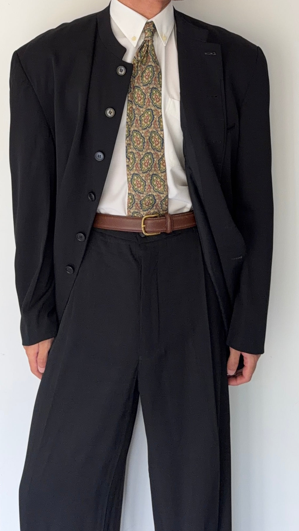 Giorgio Armani Black Label Mainline 1990s Nehru Collar Draped Wool Pleated Suit - Size XXL Jacket / 38" Waist