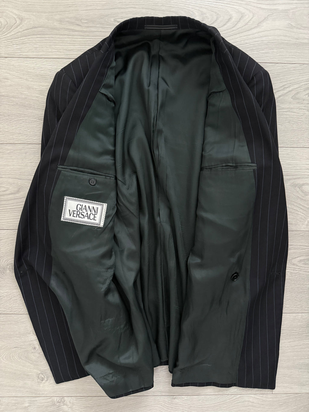 Versace 1980s Peak Lapel Double Breasted Triple Pleated Wool Striped Suit - Size L Jacket / 33" Waist