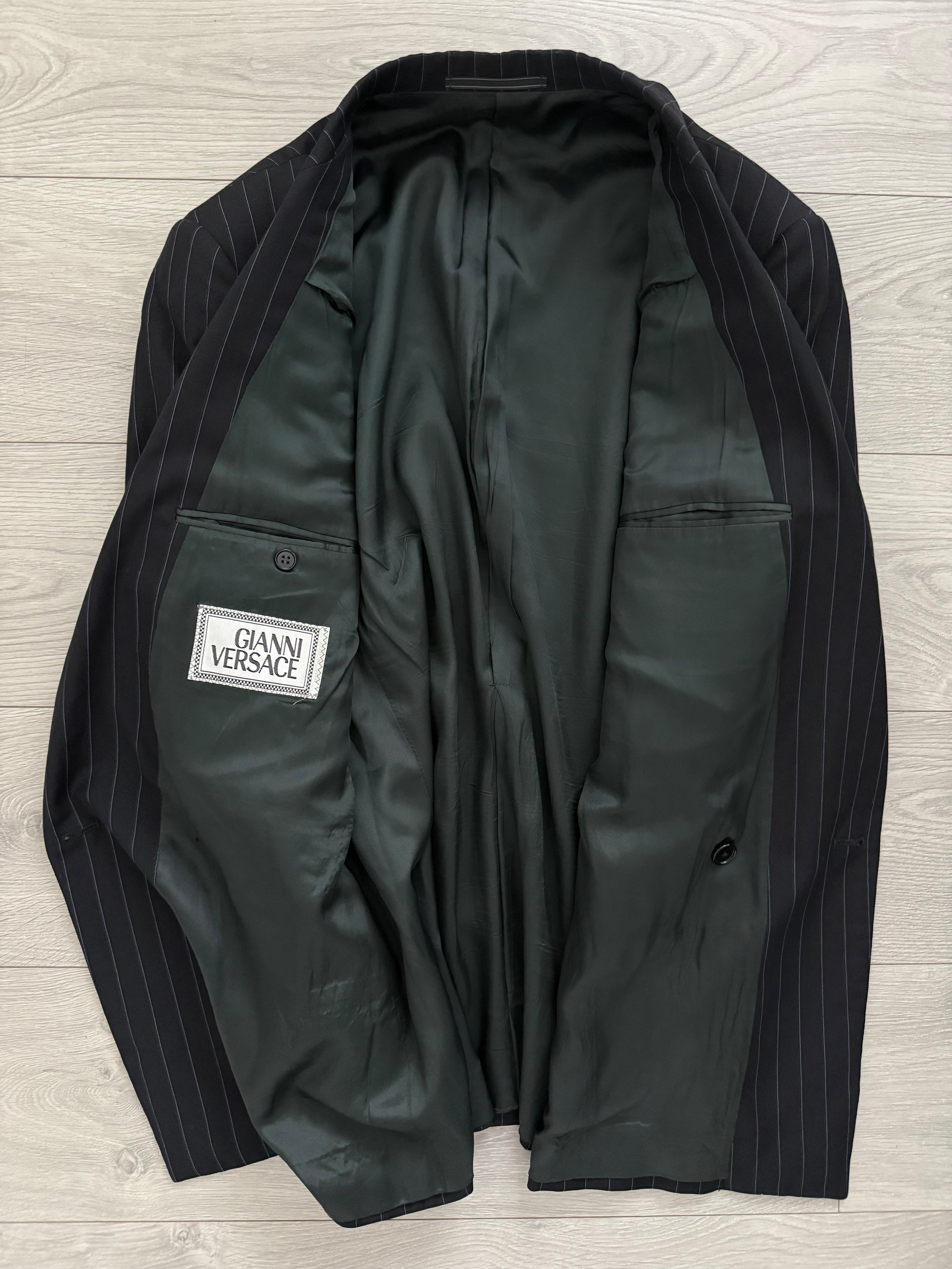 Versace 1980s Peak Lapel Double Breasted Triple Pleated Wool Striped Suit - Size L Jacket / 33" Waist