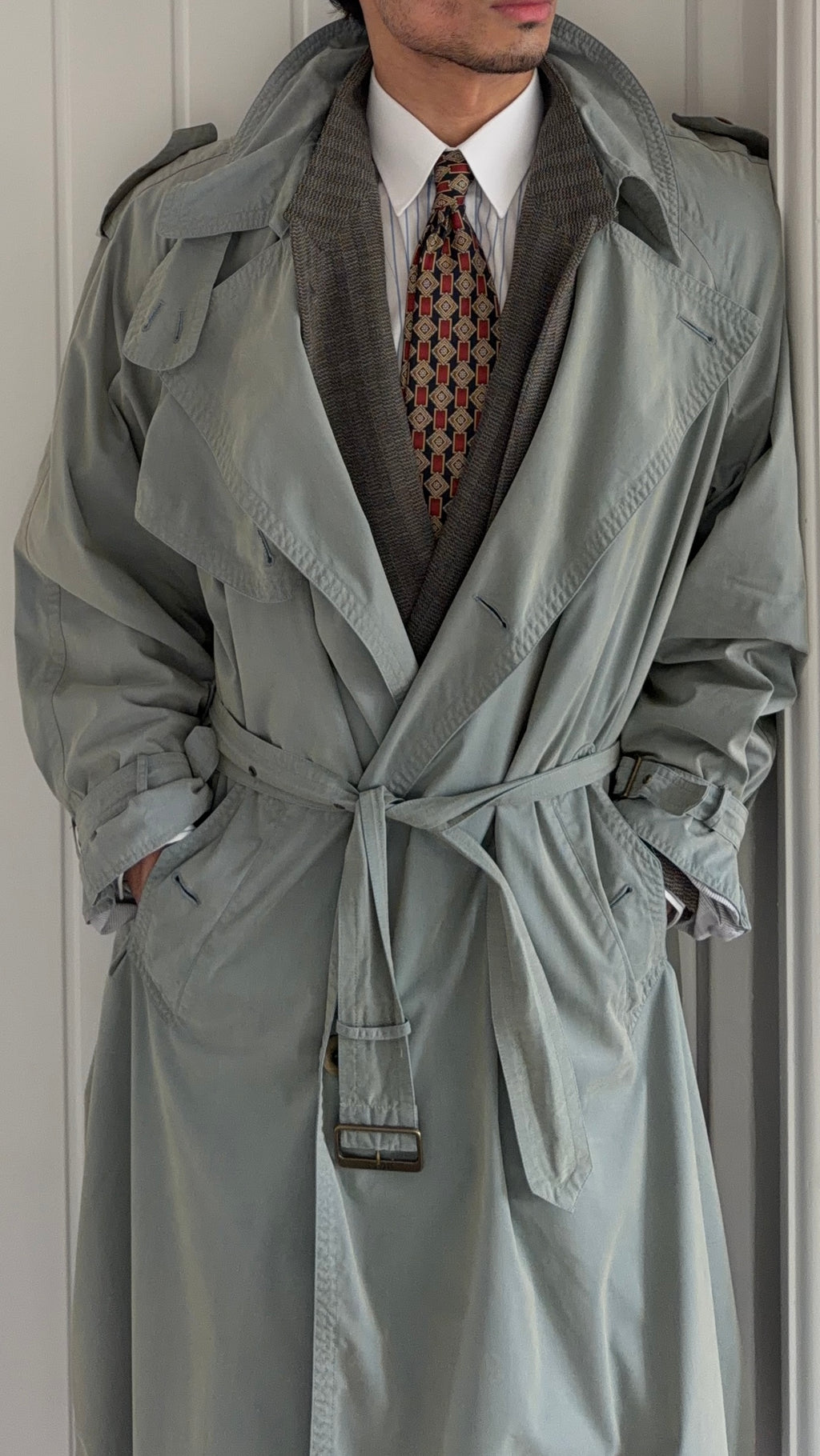 Hugo Boss 1980s Wool Cotton Steel Blue Trench Coat - Size L