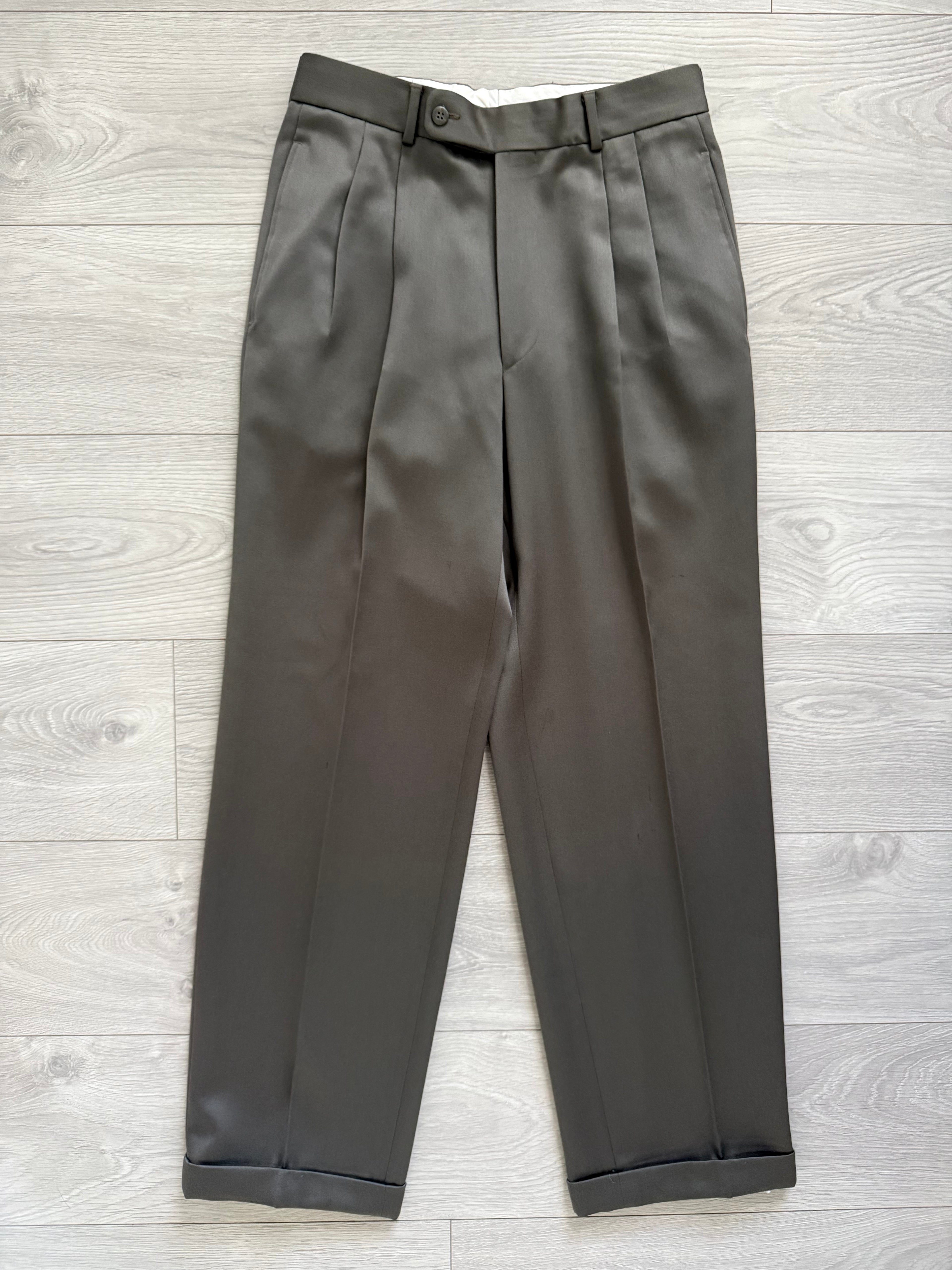 Hugo Boss 1980s 'Mitford' Peak Lapel Double Breasted Pleated Taupe Green Suit - Size L Jacket / 30" Waist
