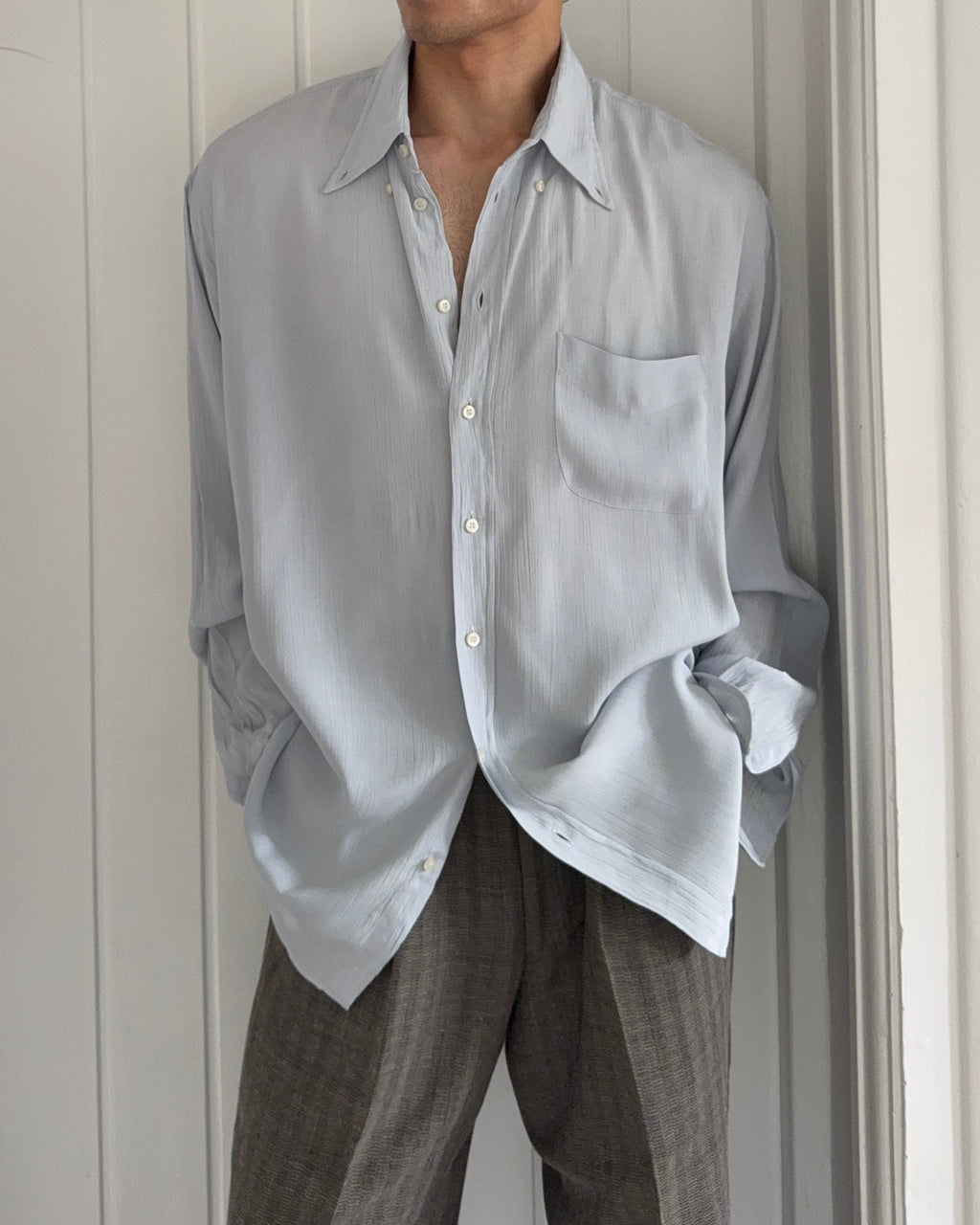 Giorgio Armani 1980s Chiffon Pleated Relaxed Blue Shirt - Size XL