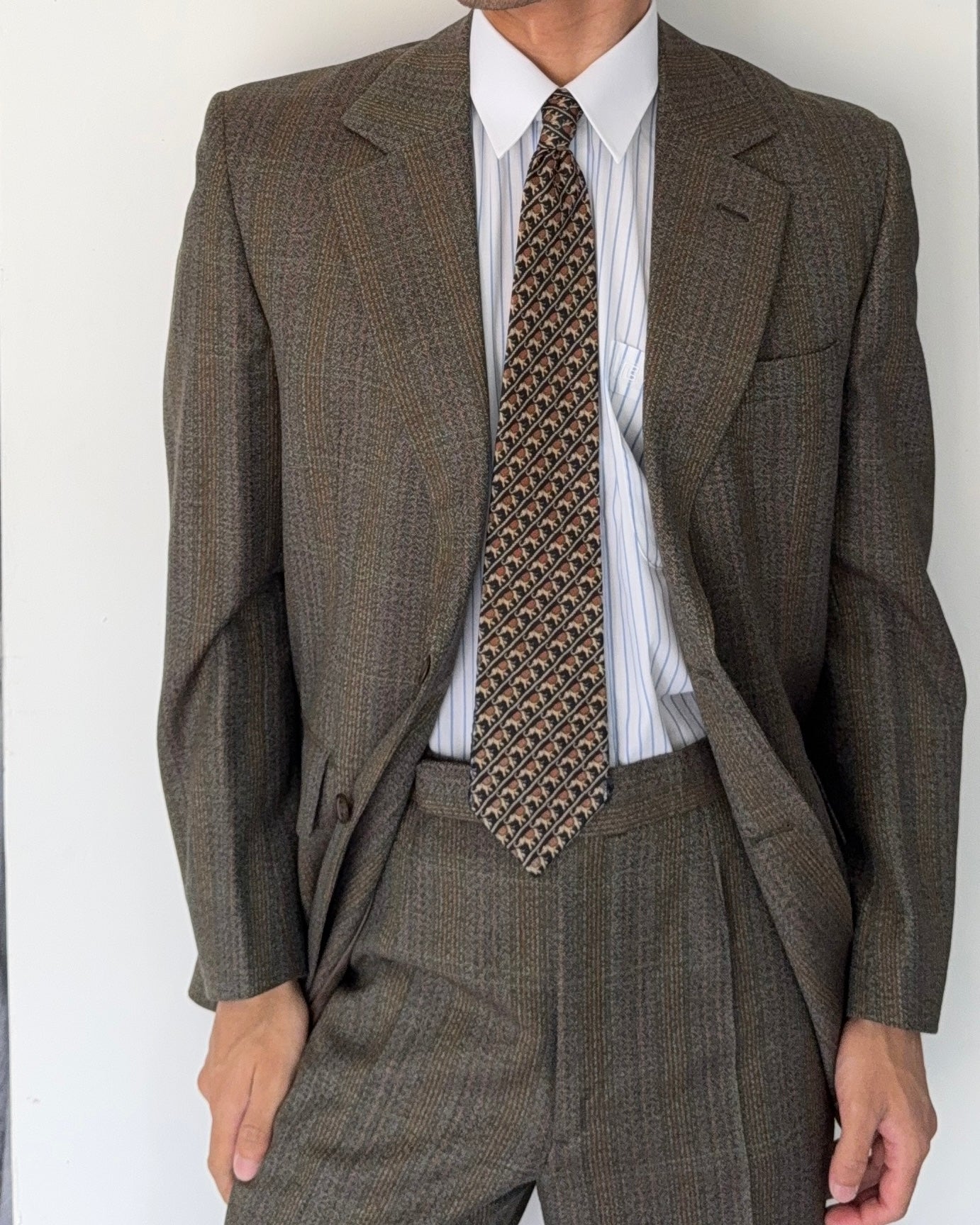 Vintage 1980s 2B Wool Textured Green Brown Suit - Size M Jacket / 32" Waist