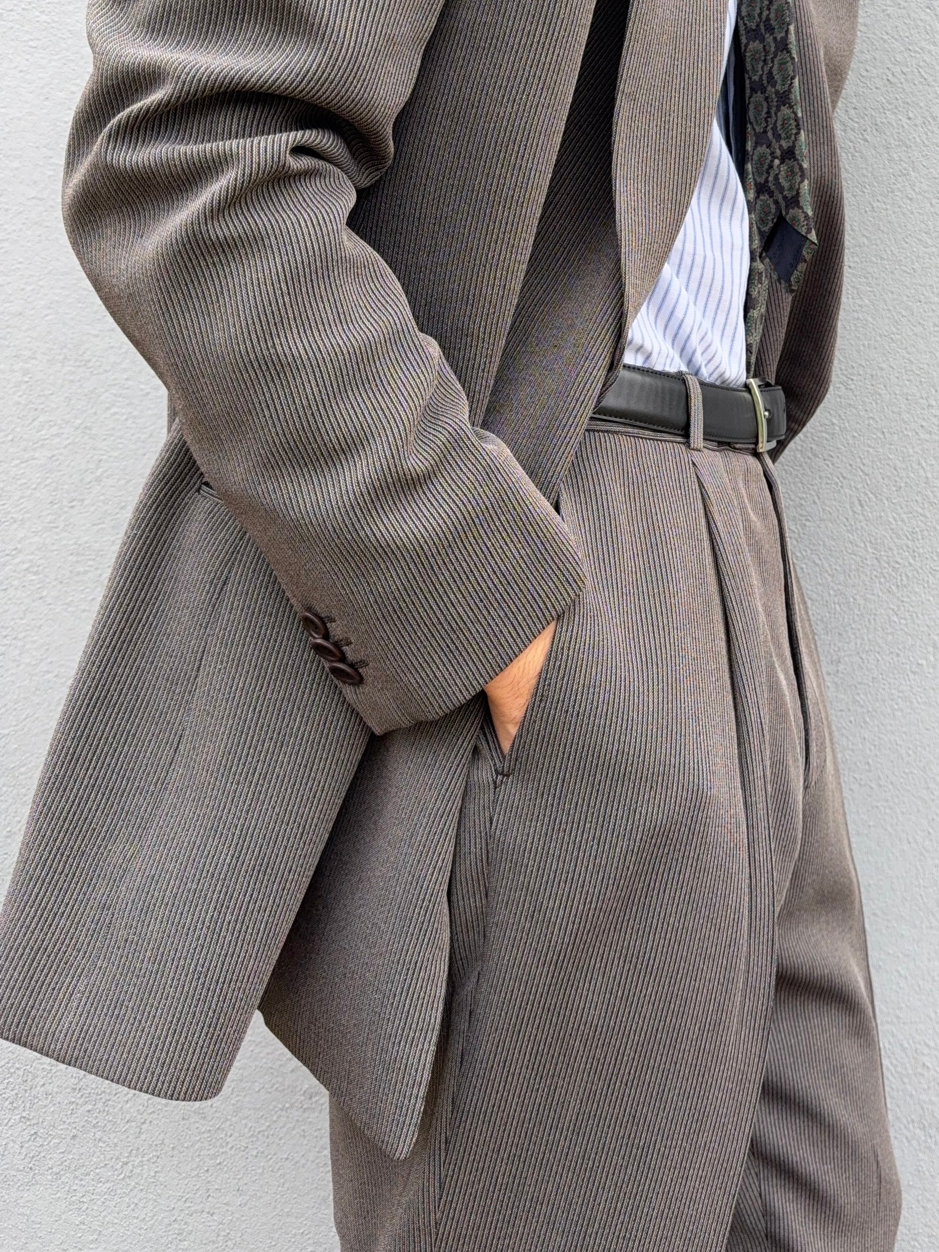 Armani 1990s Double Breasted Pleated Wool Textured Suit - Size M Jacket / 32" Waist