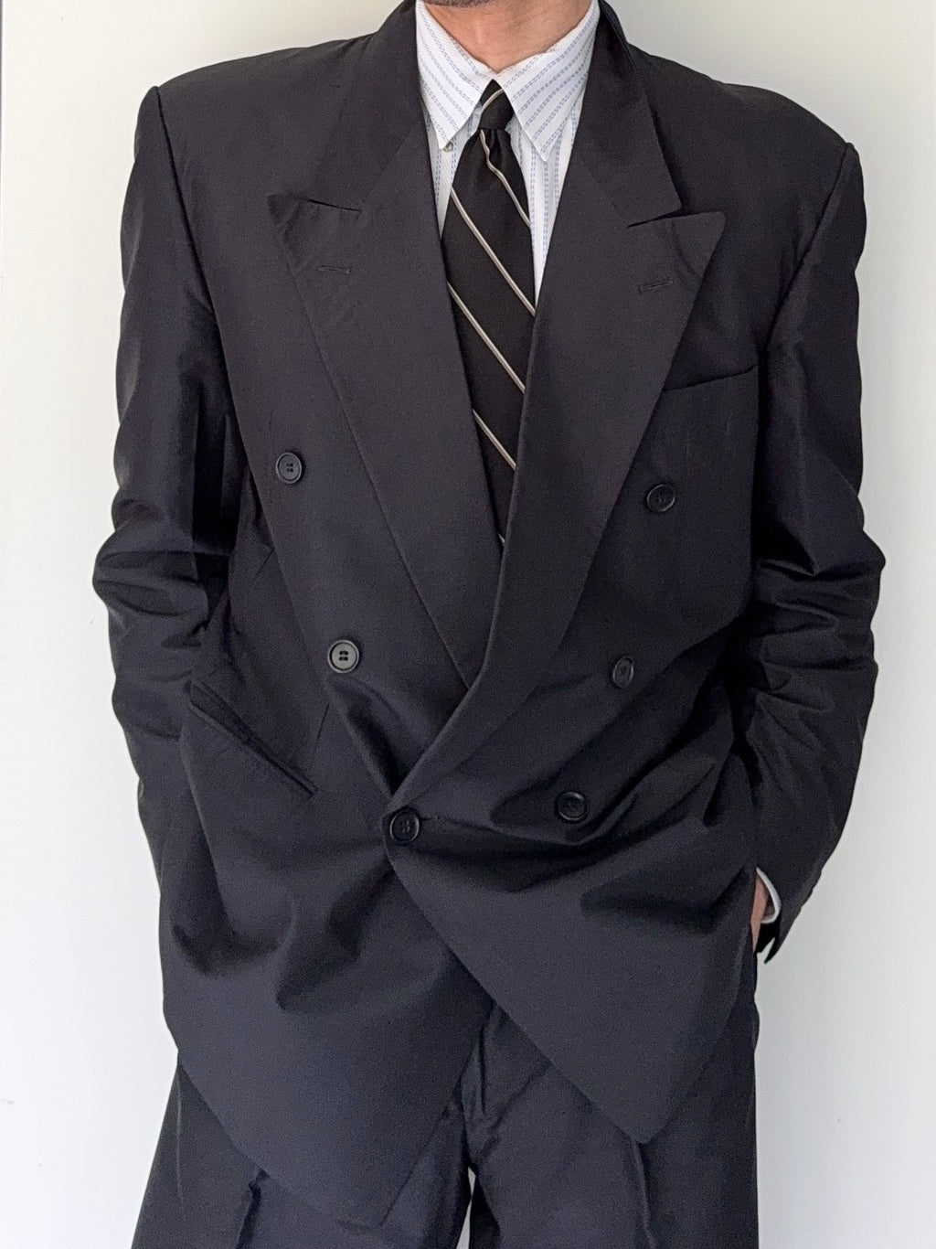 Hugo Boss 1980s 'Tango' Double Breasted Peaked Lapel Silk Suit - Size XL Jacket / 35" Waist