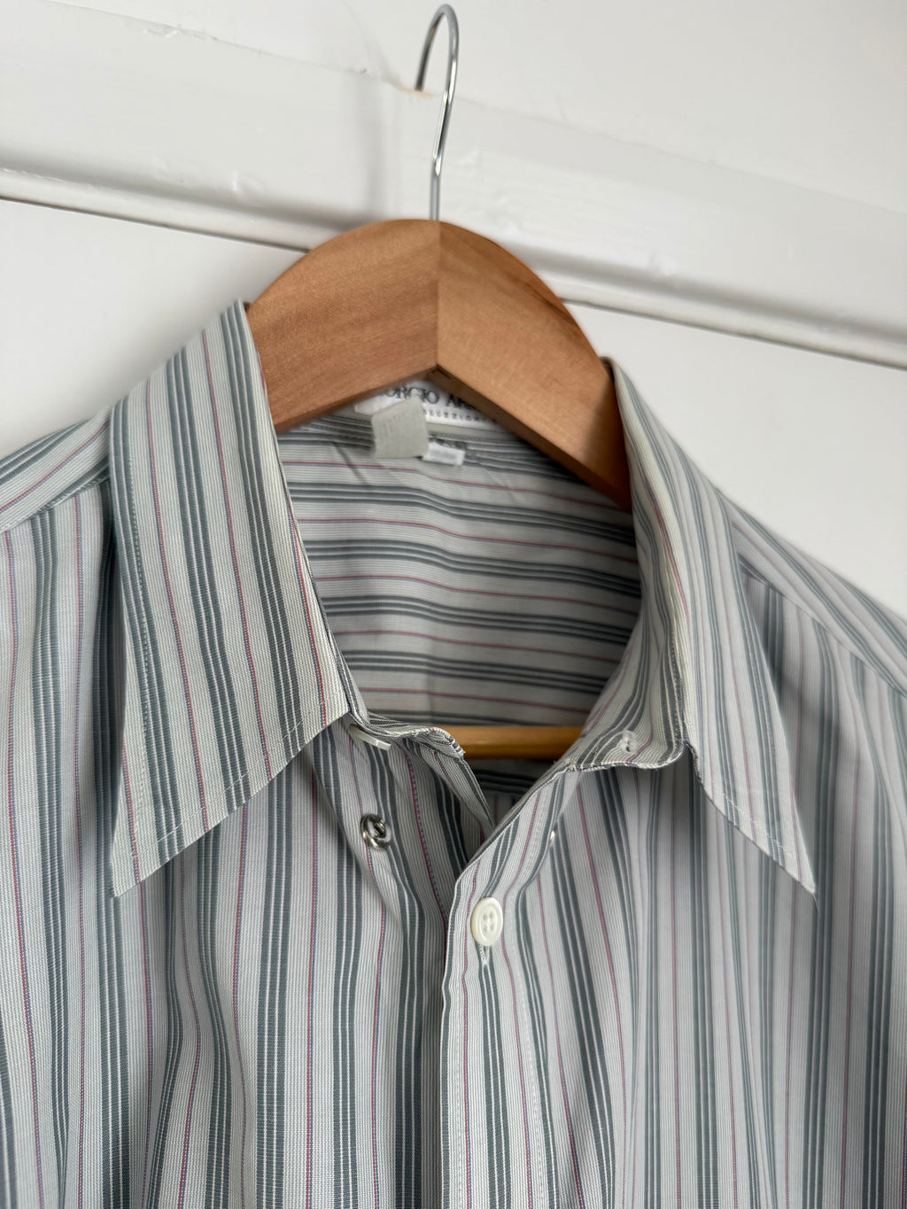Giorgio Armani 1980s Snap Collar Chest Pocket Striped Cotton Shirt - Size XL