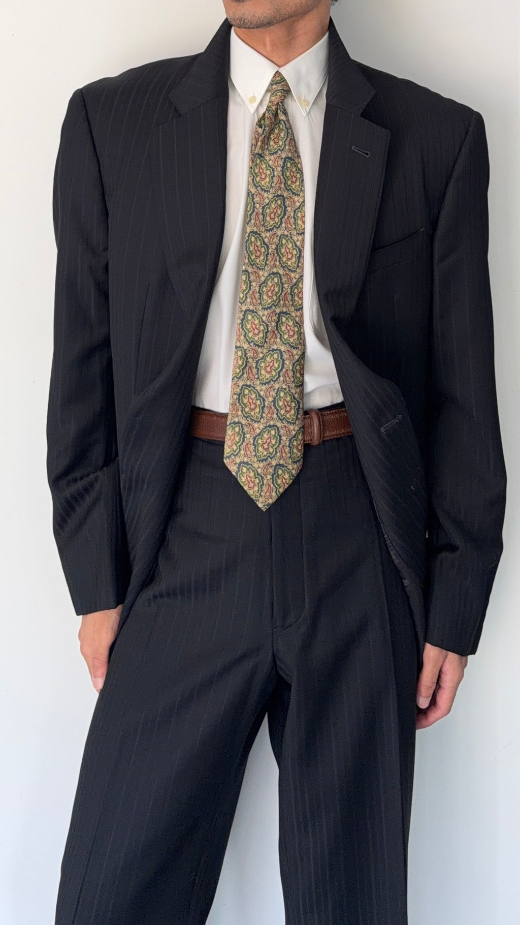 Armani 1990s 2B Striped Pleated Wool Suit - Size XXL Jacket / 38" Waist