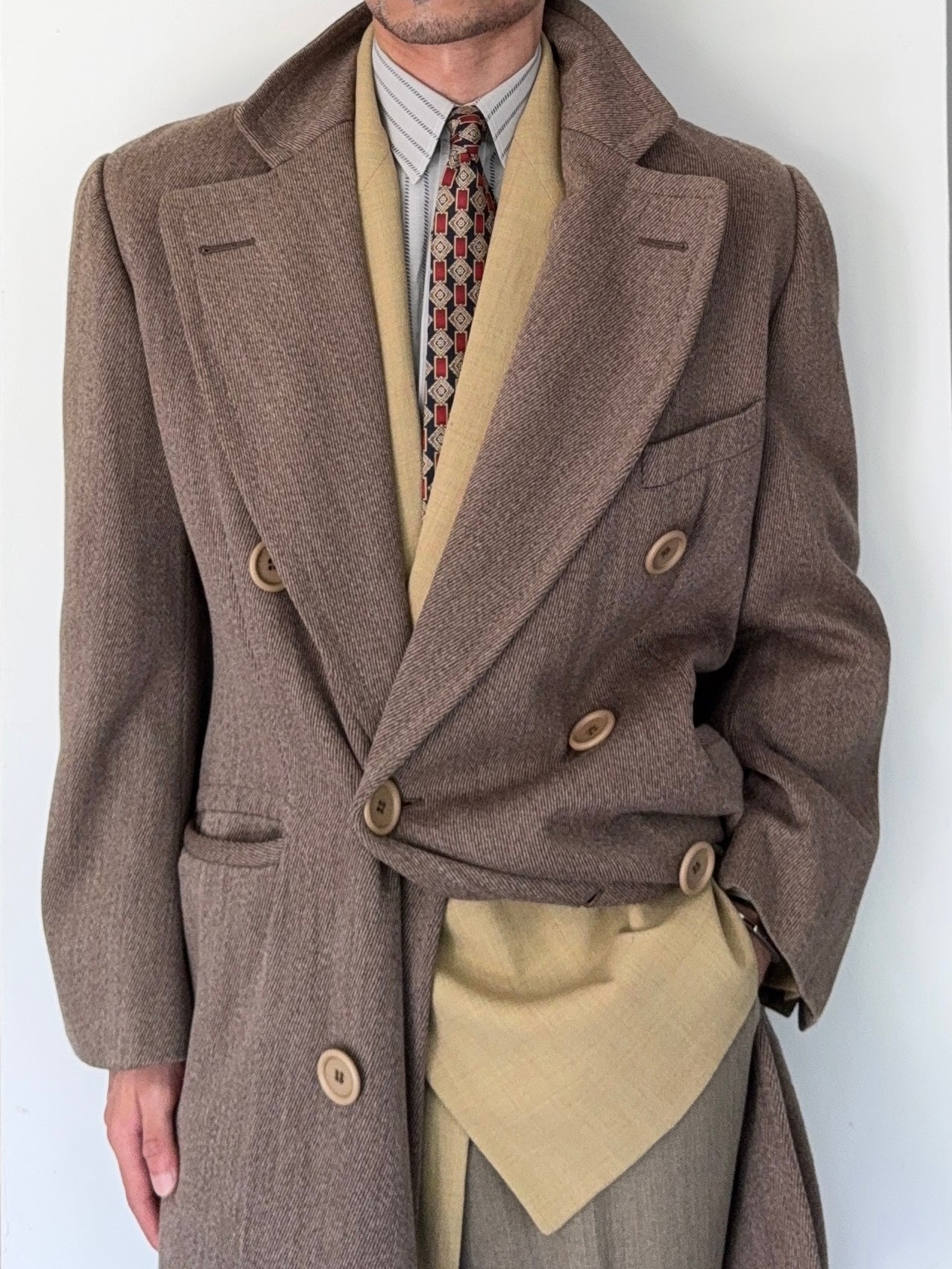 Emporio Armani 1995 Oversized Button Double Breasted Taupe Brown Wool Coat - Size M