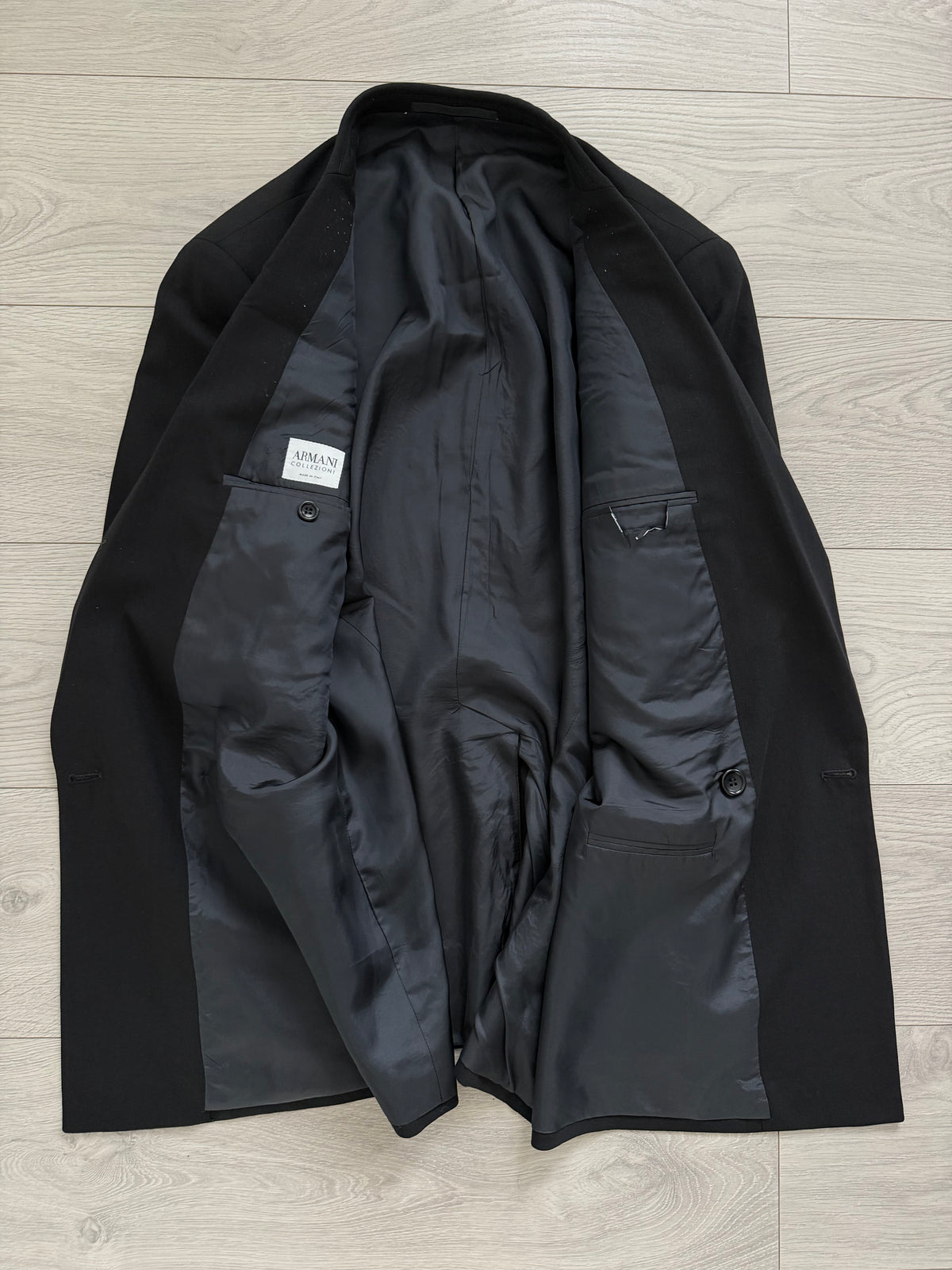 Armani 1990s Peaked Lapel Double Breasted Pleated Wool Suit Black - Size L Jacket / 34" Waist