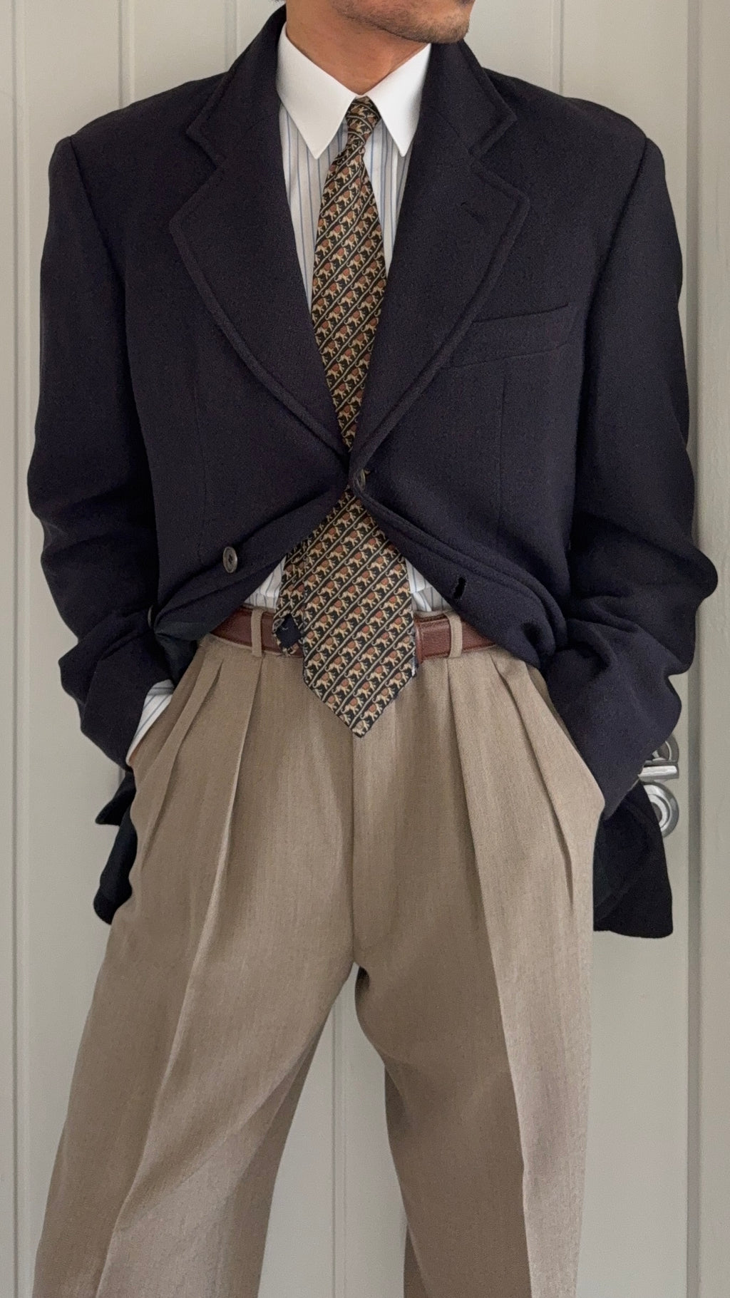 Giorgio Armani 1980s 3B Herringbone Wool Navy Sport Jacket Blazer - Size L