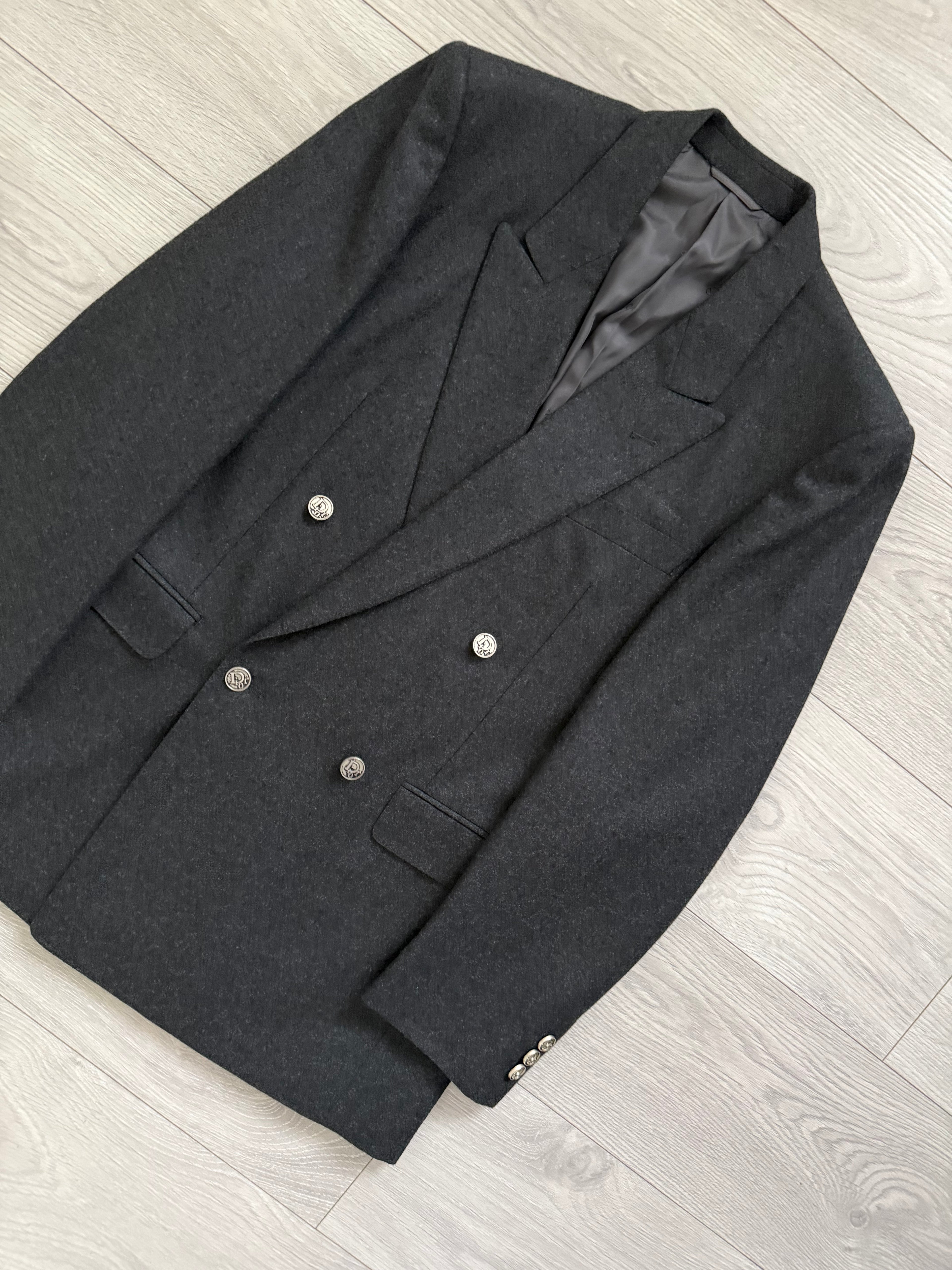 Christian Dior 1980s Peaked Lapel Double Breasted Metal Button Wool Suit - Size S Jacket / 29" Waist