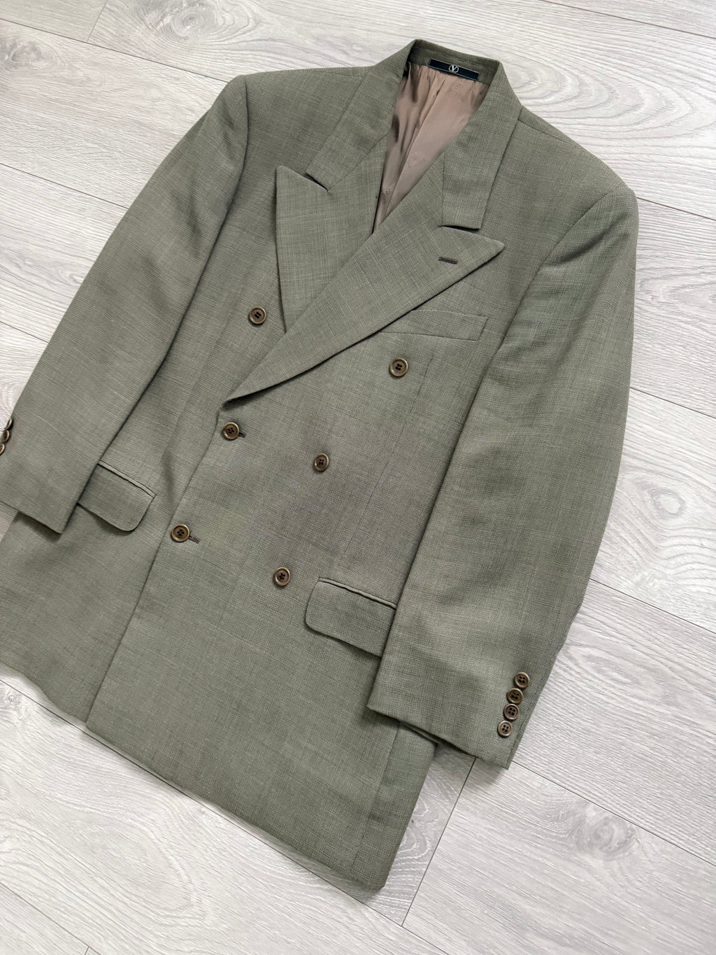 Valentino 1980s 6B Double Breasted Wool Power Suit in Taupe Olive - Size M Jacket / 32" Waist