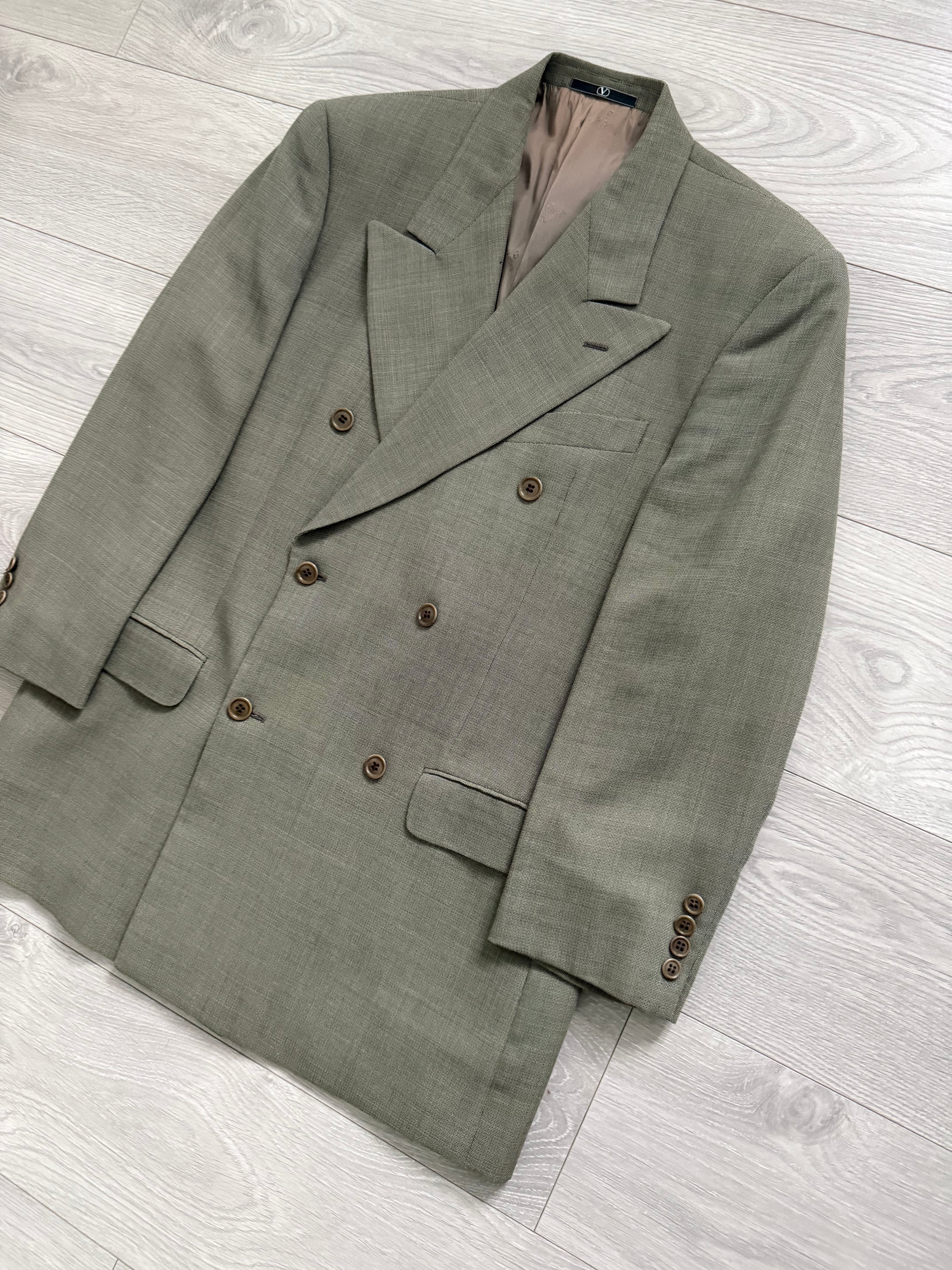 Valentino 1980s 6B Double Breasted Wool Power Suit in Taupe Olive - Size M Jacket / 32" Waist