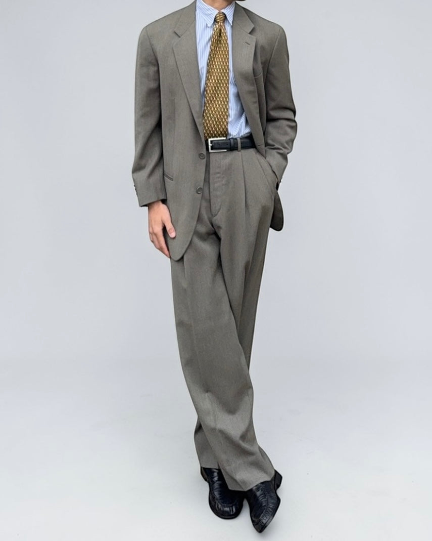 Emporio Armani 1980s 2B Olive Grey High Waisted Pleated Wool Suit - Size M Jacket / 30" Waist