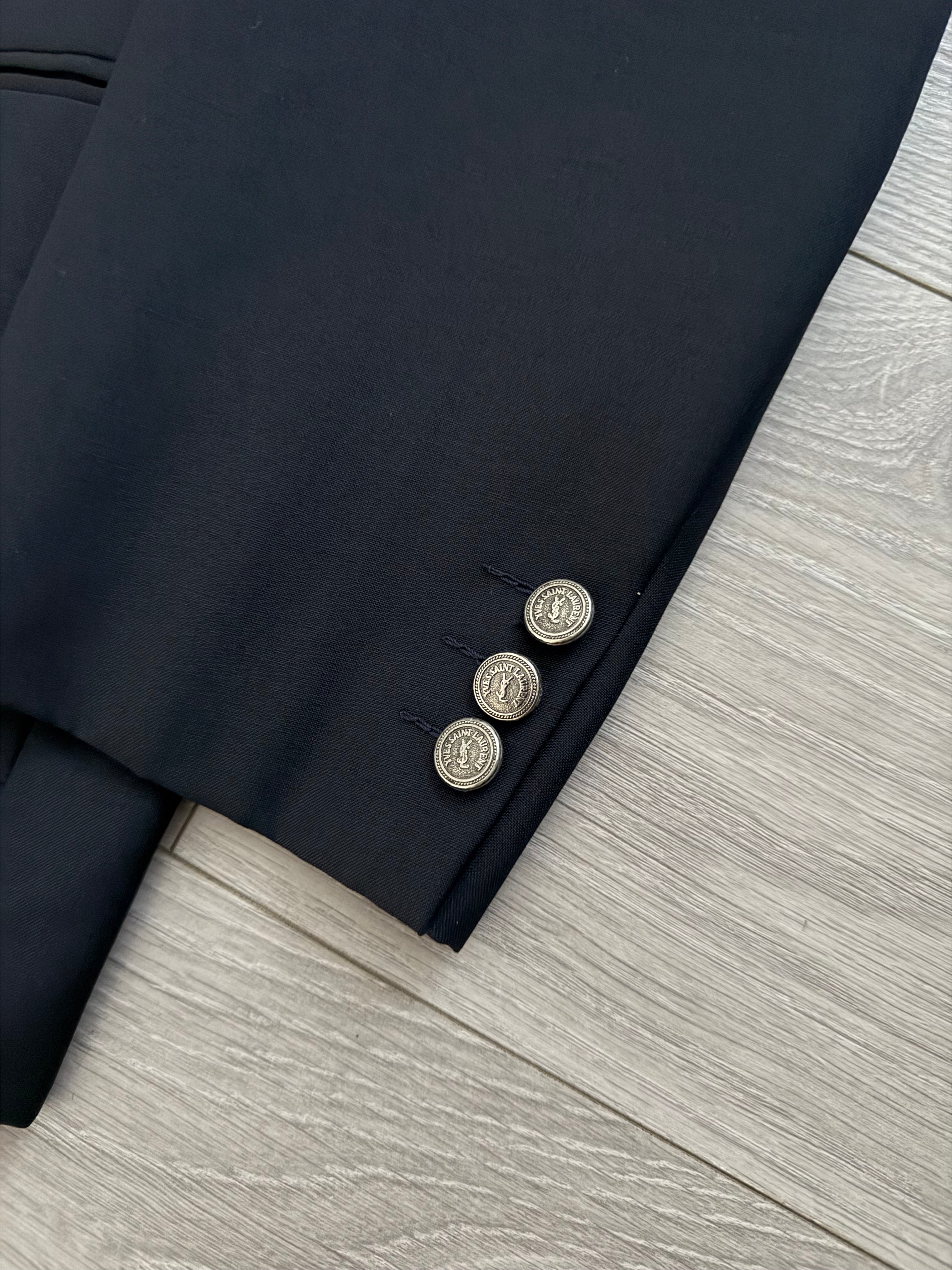 Yves Saint Laurent 1980s Metal Button Double Breasted Peaked Lapel Wool Blazer Jacket Navy - Size S