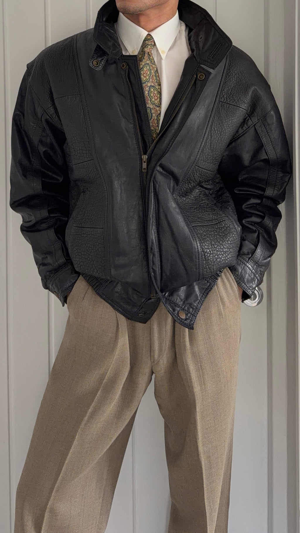 Valentino 1980s Panelled Leather Bomber Jacket - Size M