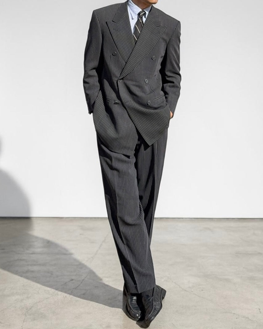Valentino 1980s 6B Double Breasted Wool Pinestripe Power Suit - Size M Jacket / 32" Waist