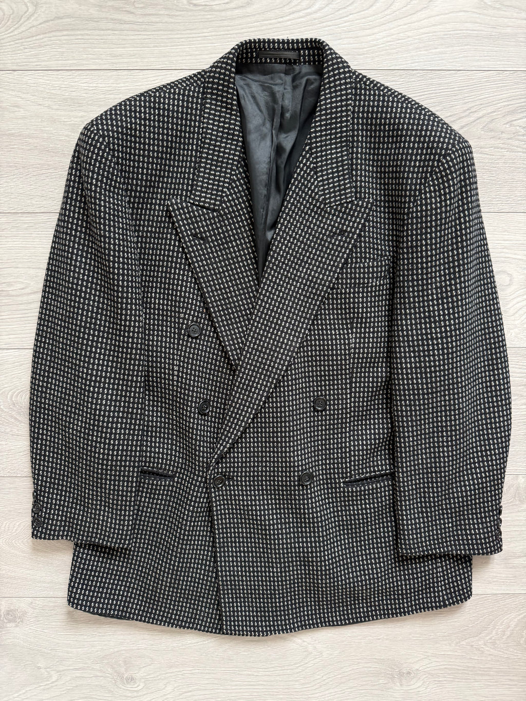 Hugo Boss 1980s Wool Cashmere Peaked Lapel Double Breasted Textured Sport Jacket Blazer - Size XL