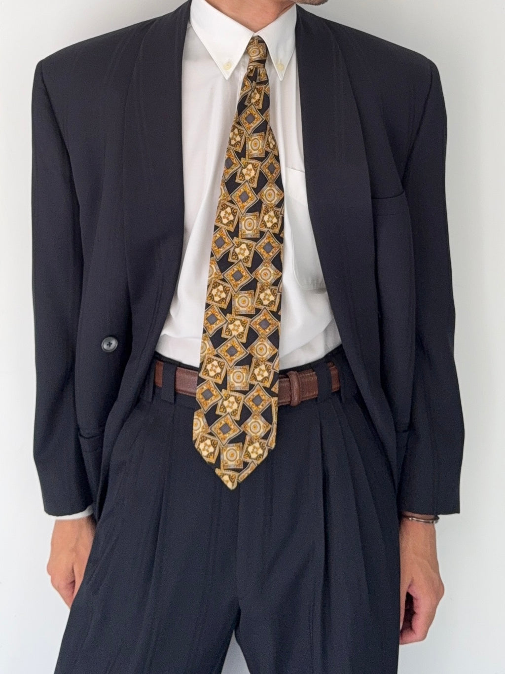 Versace 1980s Shawl Lapel Double Breasted Pleated Wool Striped Suit - Size M Jacket / 30" Waist