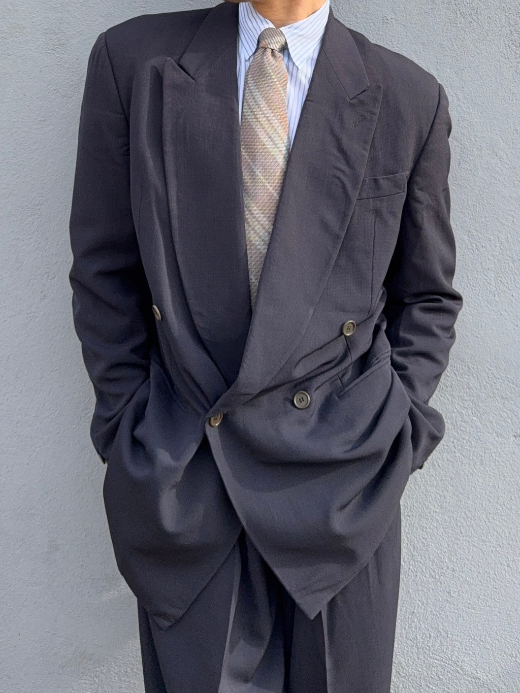 Giorgio Armani 1990s Double Breasted Pleated Navy Wool Suit  - Size L Jacket / 33" Waist