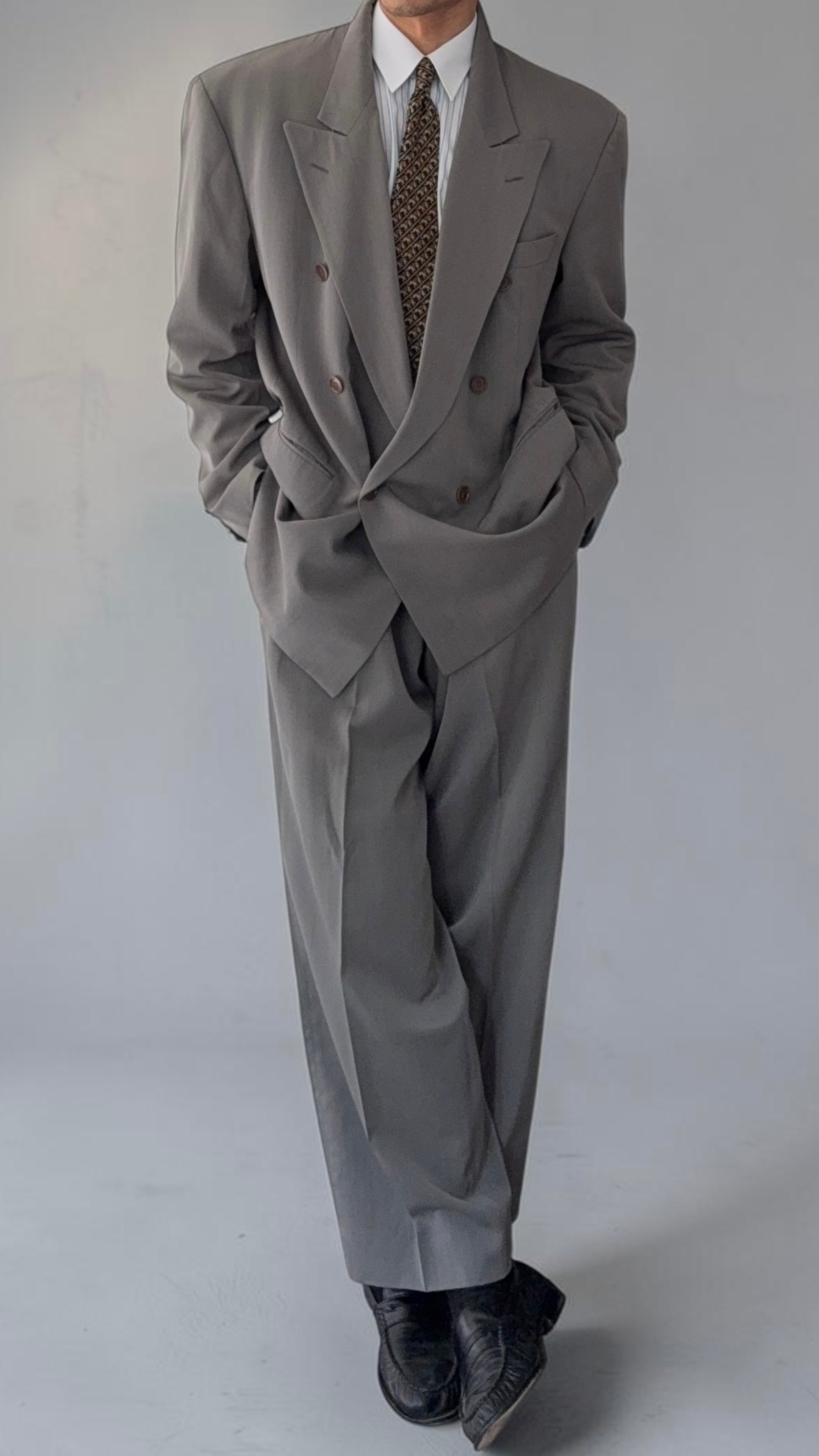 Hugo Boss 1980s 'Al Capone' Peaked Lapel Double Breasted Pleated Wool Silk Suit - Size XXL Jacket / 36" Waist