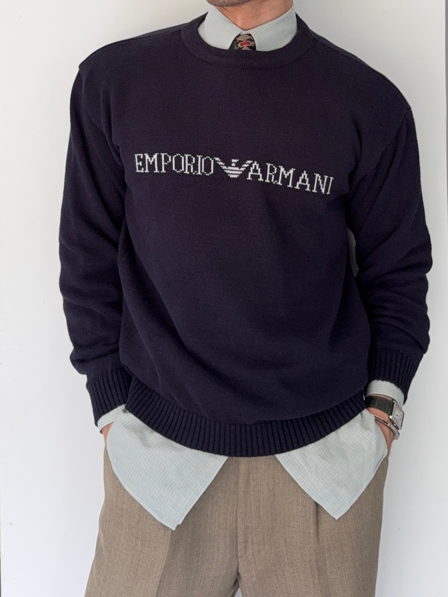 Emporio Armani 1990s Navy Knit Sweater - Size M