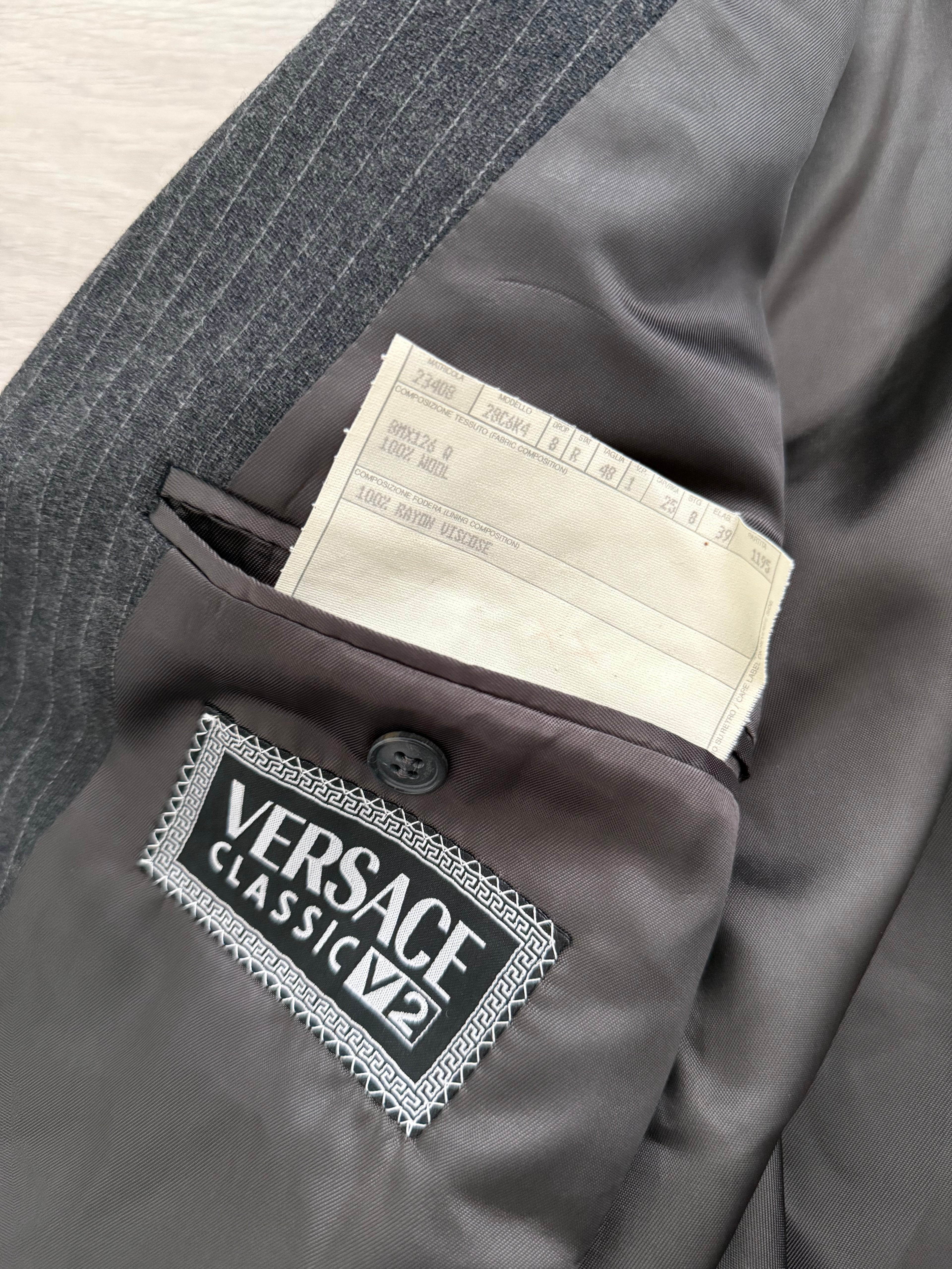 Versace 1980s Notch Lapel Double Breasted Pleated Wool Pinstriped Suit Grey - Size M Jacket / 32" Waist