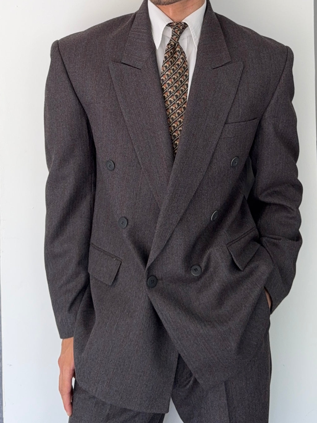 Vintage 1980s Made in England Double Breasted Peaked Lapel Pleated Brown Suit - Size M Jacket / 31" Waist