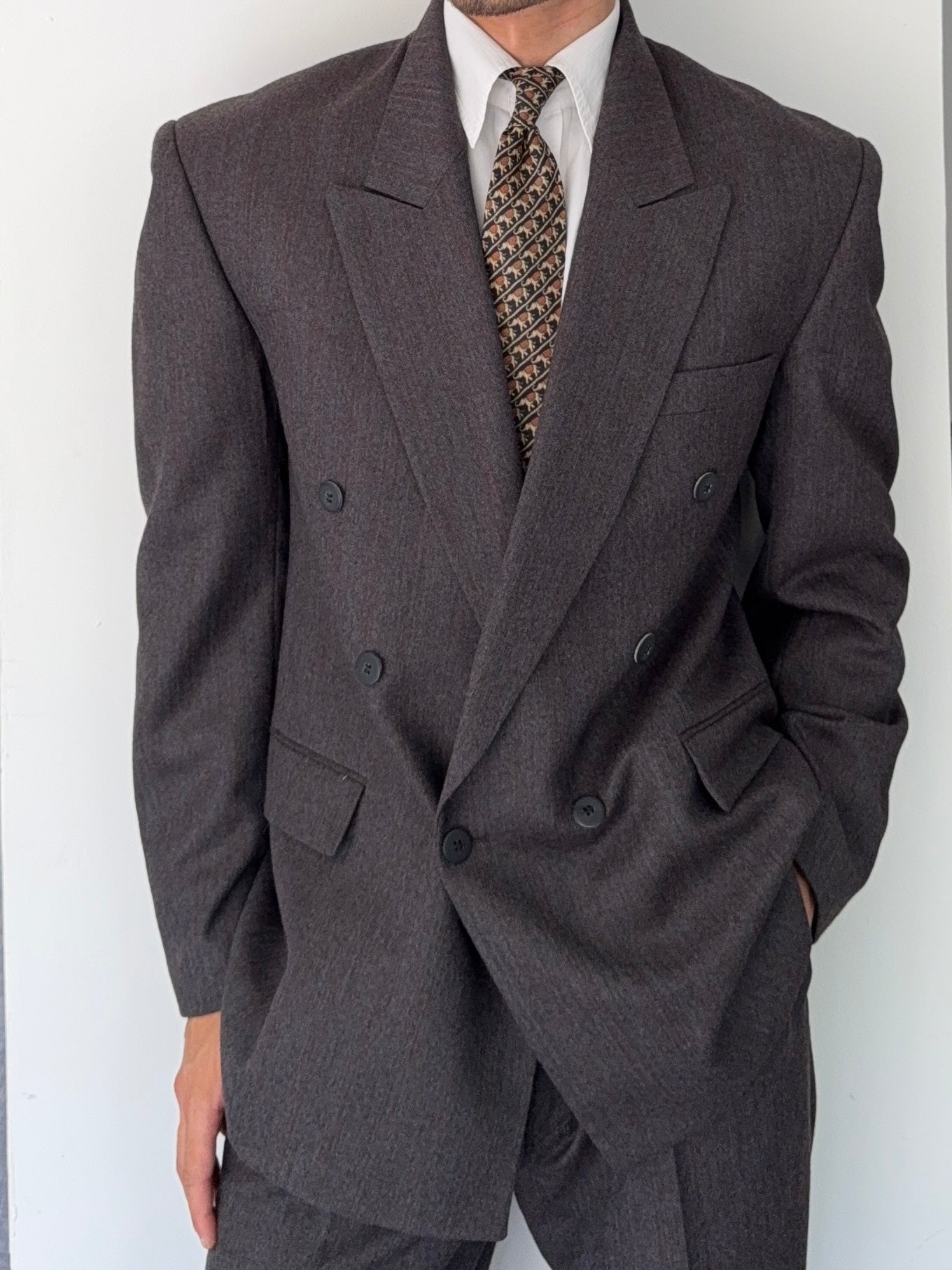 Vintage 1980s Made in England Double Breasted Peaked Lapel Pleated Brown Suit - Size M Jacket / 31" Waist