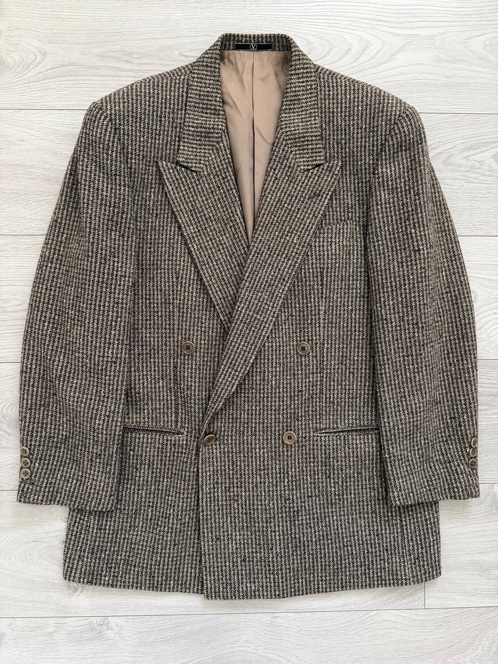 Valentino 1980s Peaked Lapel Double Breasted Textured Wool Sport Jacket Blazer - Size M