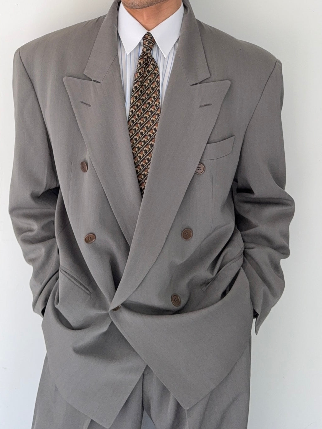 Hugo Boss 1980s 'Al Capone' Peaked Lapel Double Breasted Pleated Wool Silk Suit - Size XXL Jacket / 36" Waist
