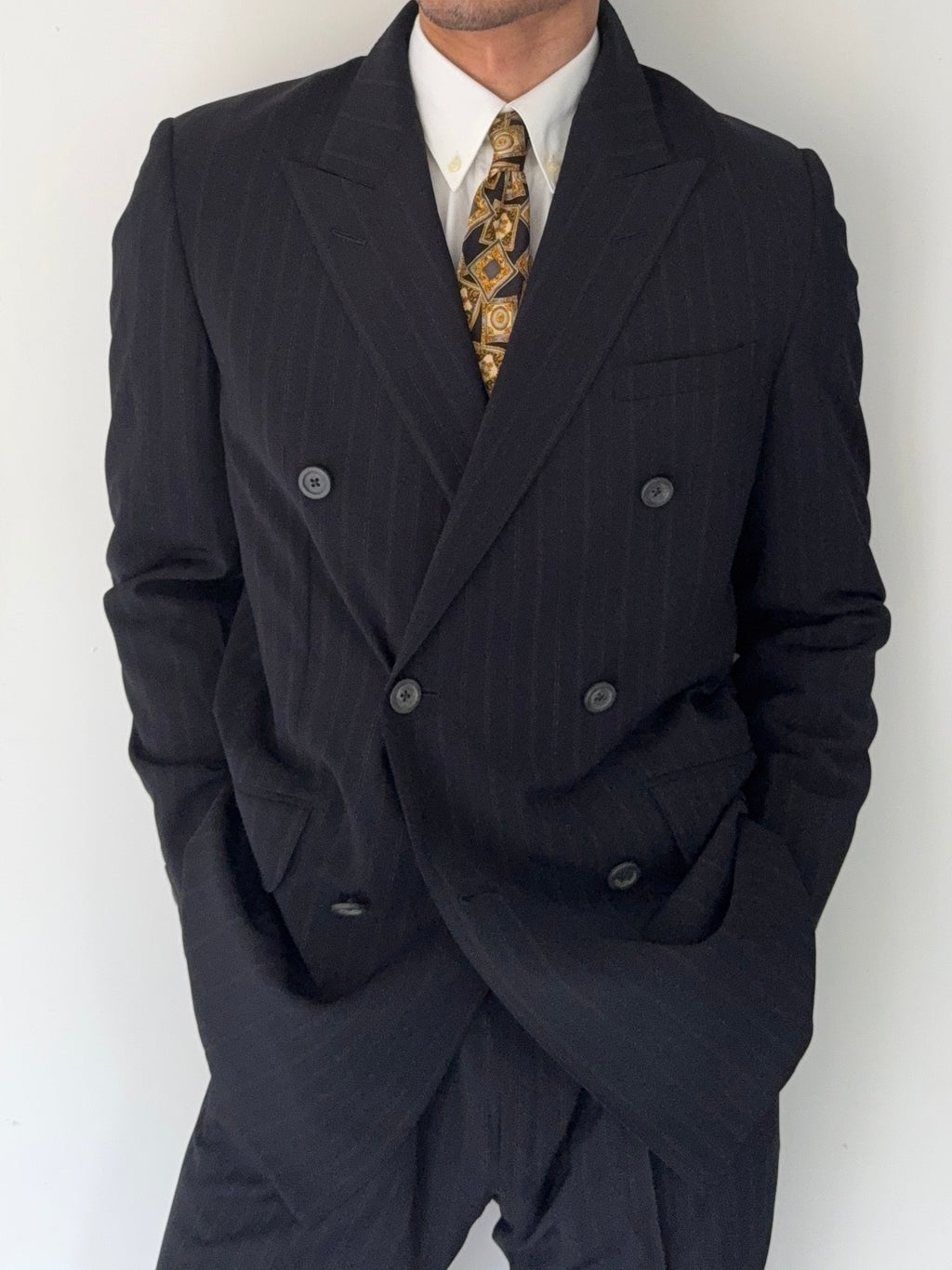 Versace 1980s 6B Peaked Lapel Double Breasted Pleated Wool Striped Suit - Size S Jacket / 33" Waist