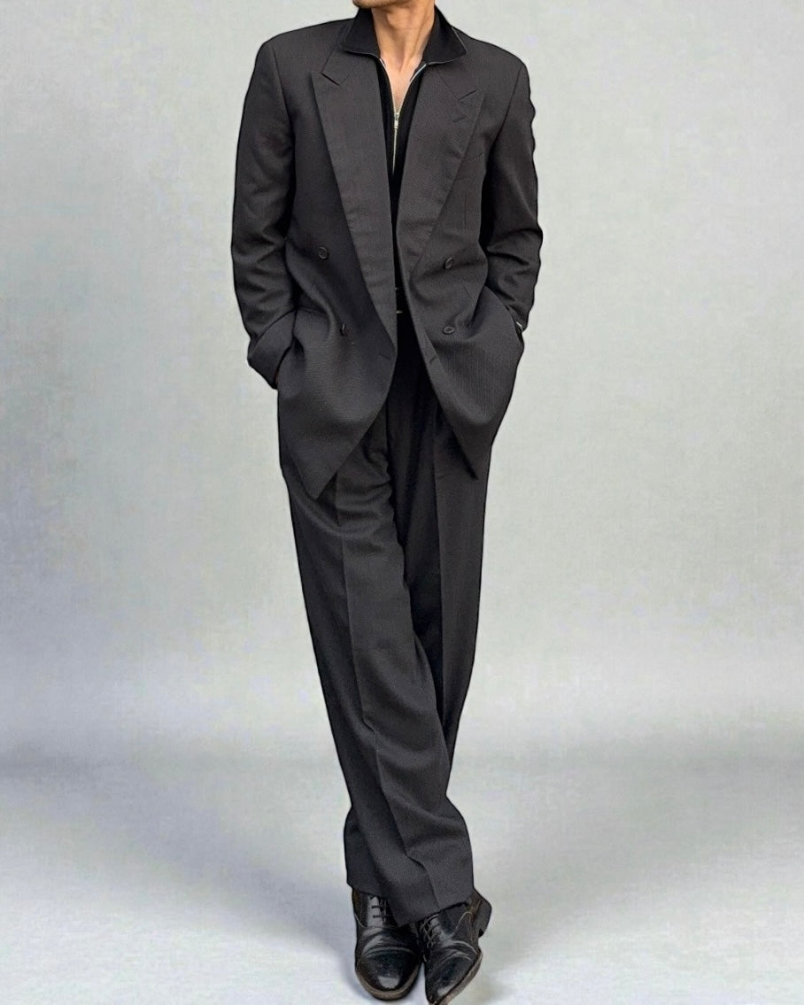 Giorgio Armani 1980s Double Breasted Pleated Wool Suit Black/Grey New - Size L Jacket / 32" Waist