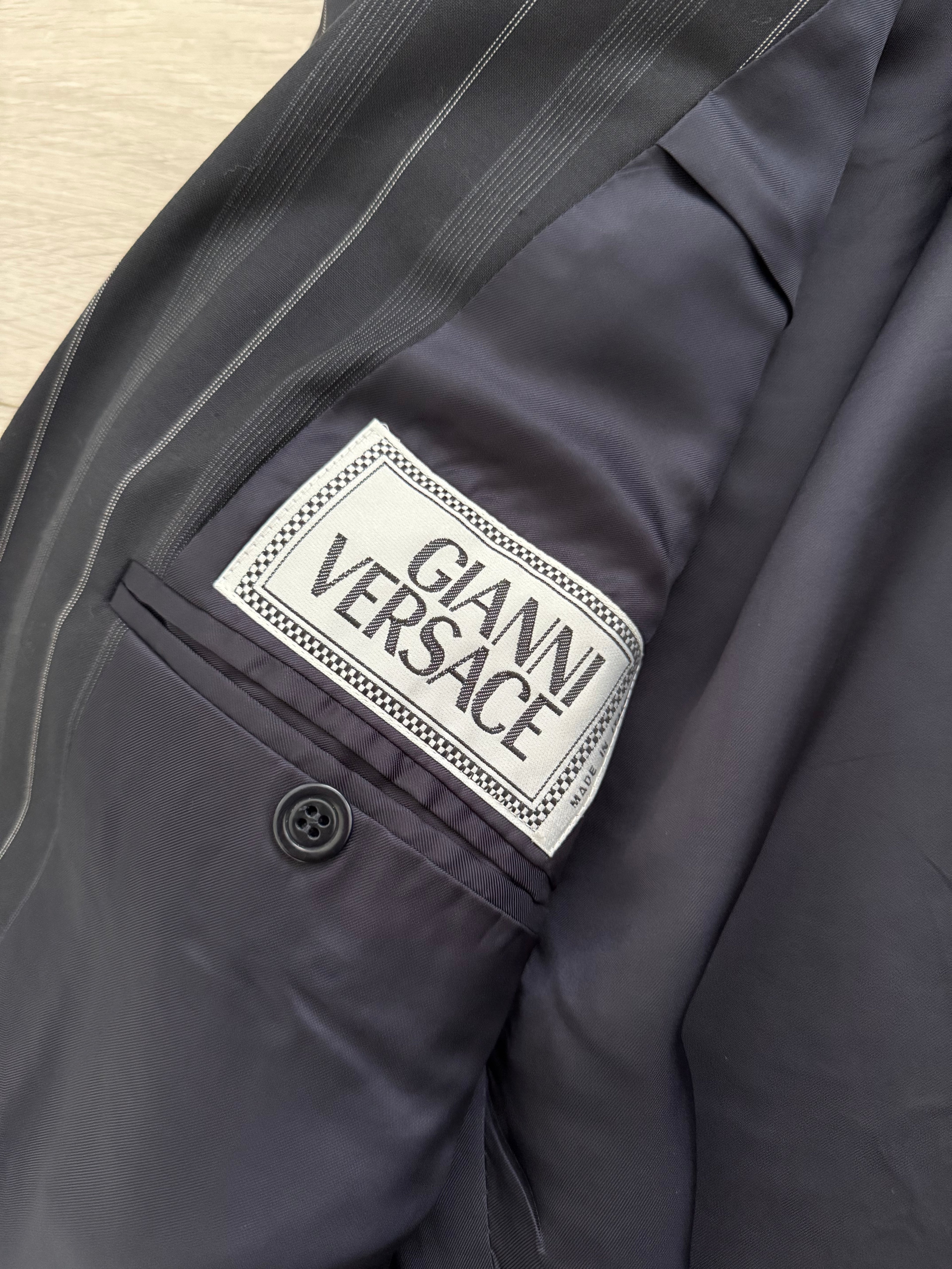 Versace 1980s Metal Button Notch Lapel Double Breasted Pleated Wool Striped Suit - Size S Jacket / 29" Waist