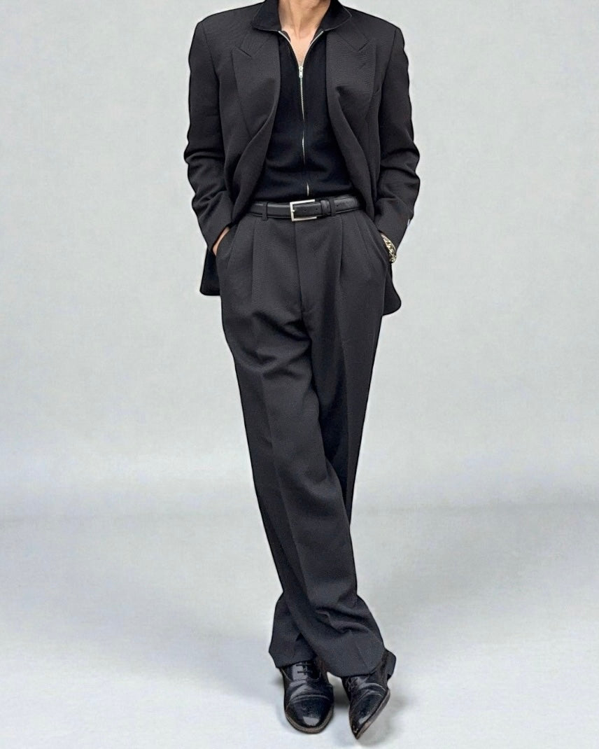 Giorgio Armani 1980s Double Breasted Pleated Wool Suit Black New - Size L Jacket / 32" Waist