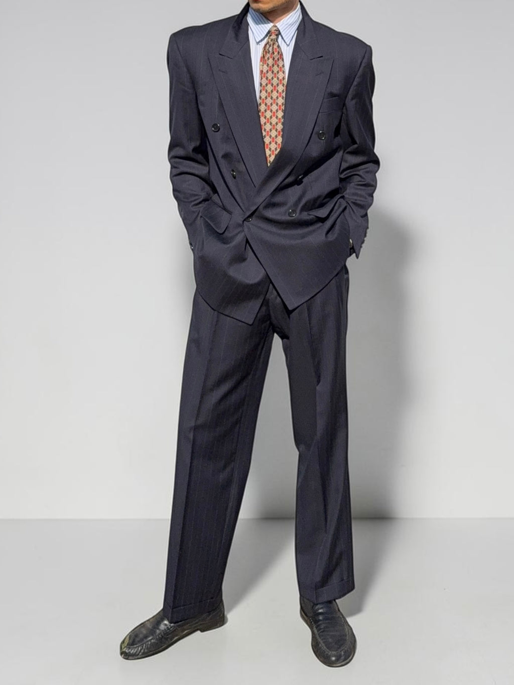 Hugo Boss 1980s 'Mitford' Peaked Lapel Double Breasted Pleated Wool Suit - Size M Jacket / 32" Waist