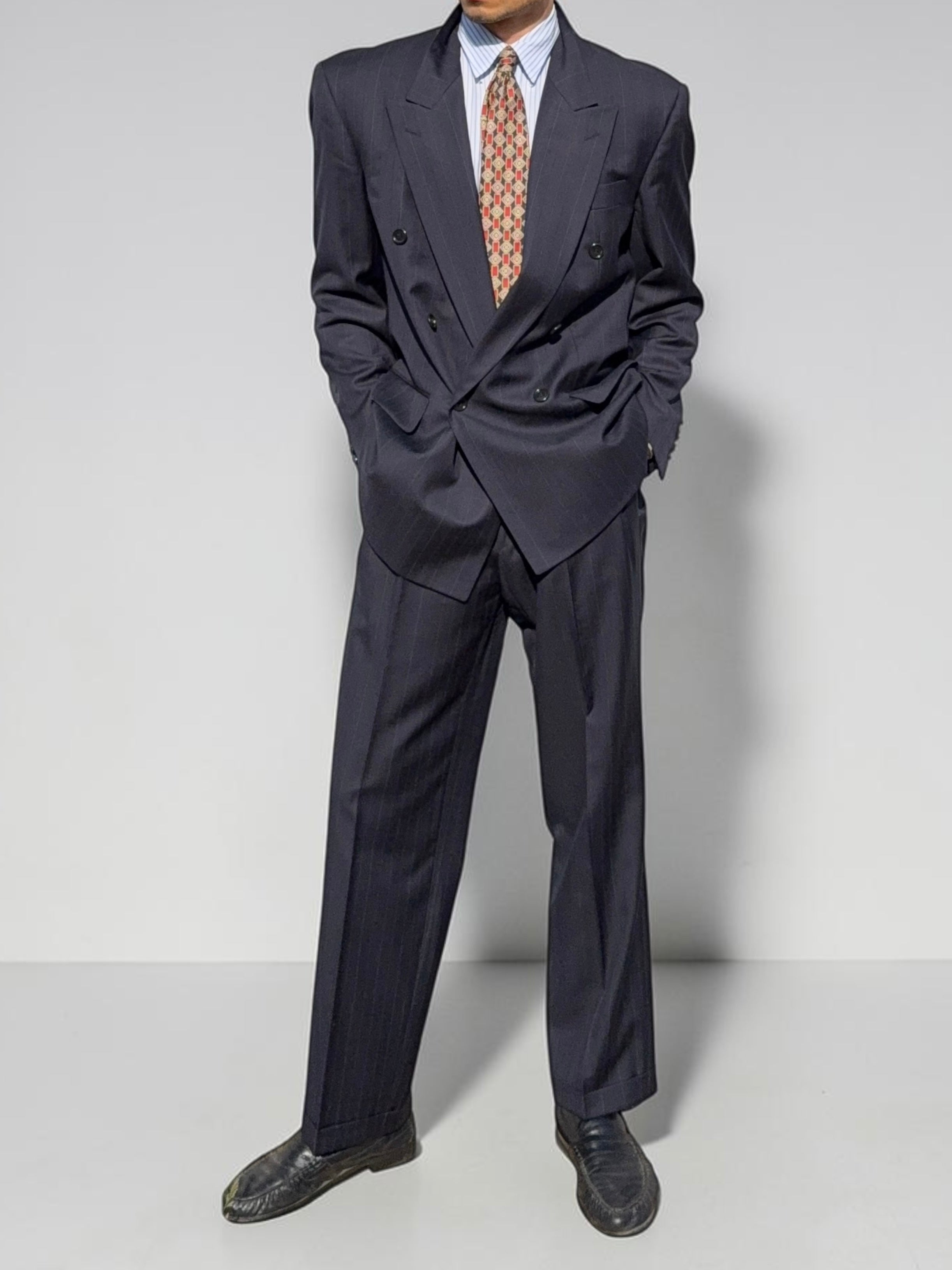 Hugo Boss 1980s 'Mitford' Peaked Lapel Double Breasted Pleated Wool Suit - Size M Jacket / 32" Waist