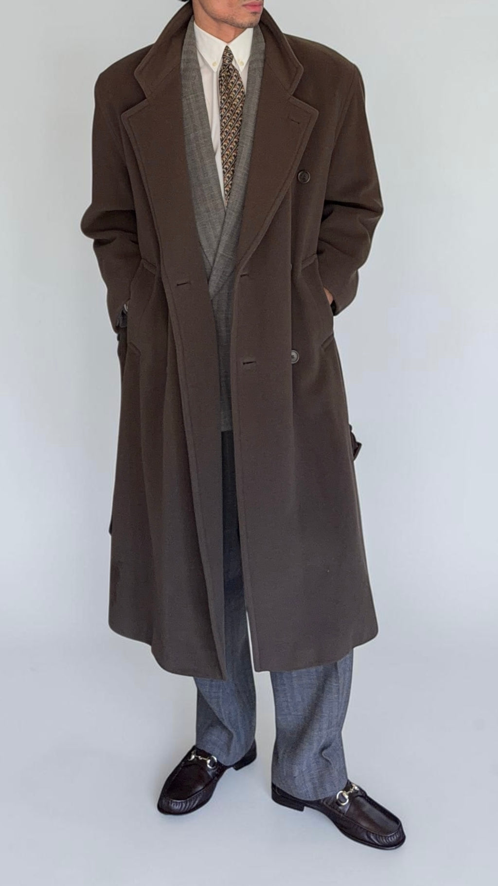 Hugo Boss 1980s Double-Breasted Belted Wool Brown Coat - Size M
